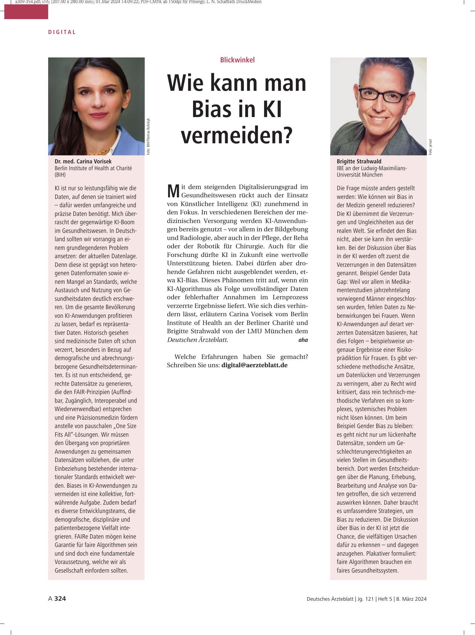 Vorschauseite 1: Blickwinkel: Wie kann man Bias in KI vermeiden? – Deutsches Ärzteblatt