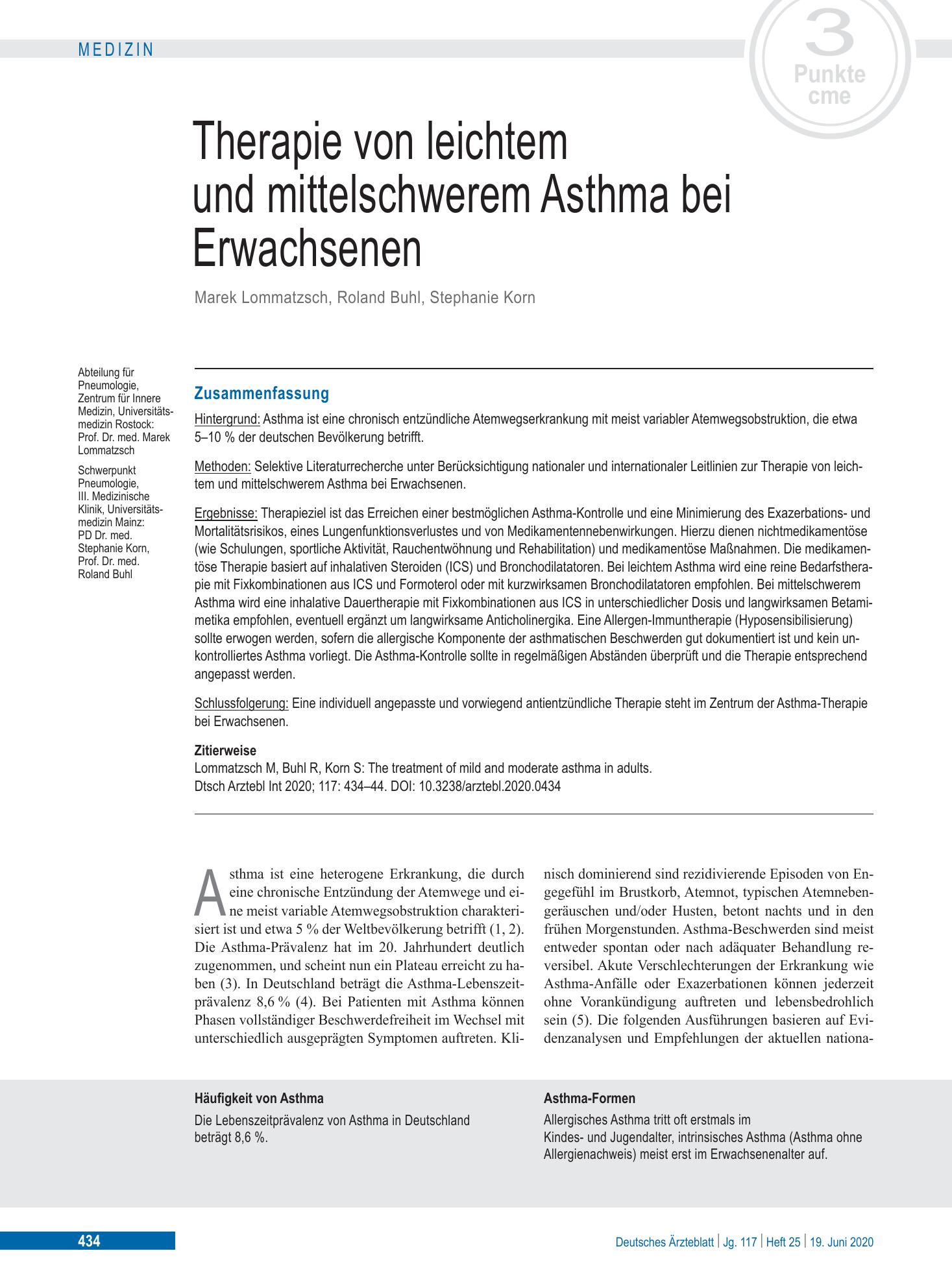 Vorschauseite 1: Therapie von leichtem und mittelschwerem Asthma bei Erwachsenen – Deutsches Ärzteblatt
