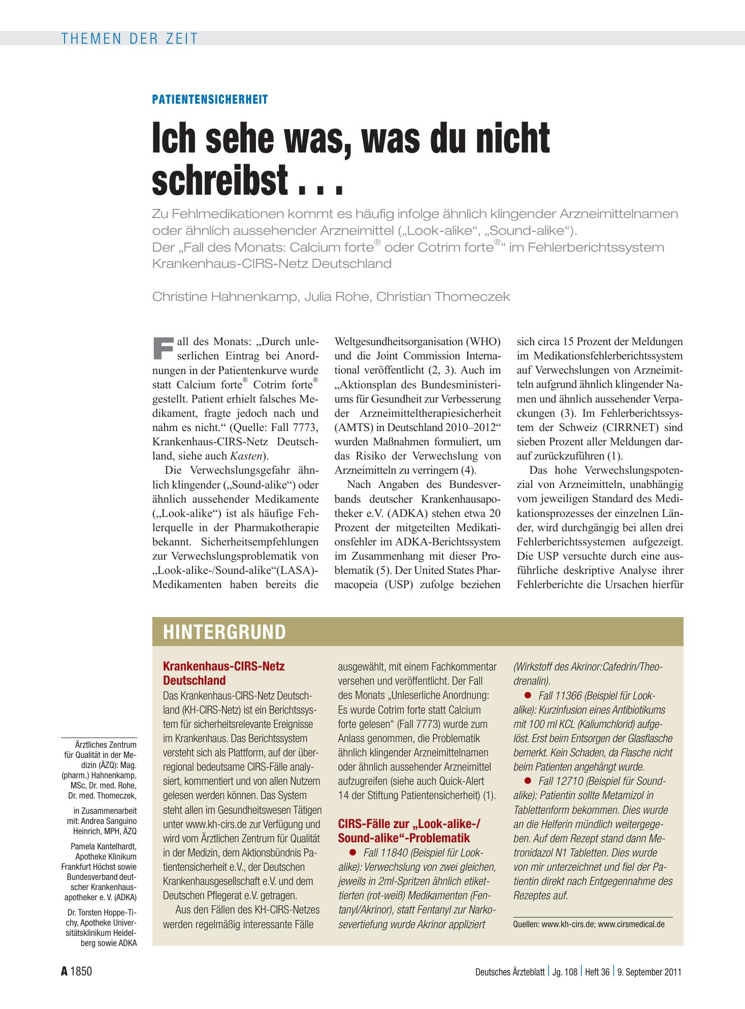 Vorschauseite 1: Patientensicherheit: Ich sehe was, was du nicht schreibst . . . – Deutsches Ärzteblatt