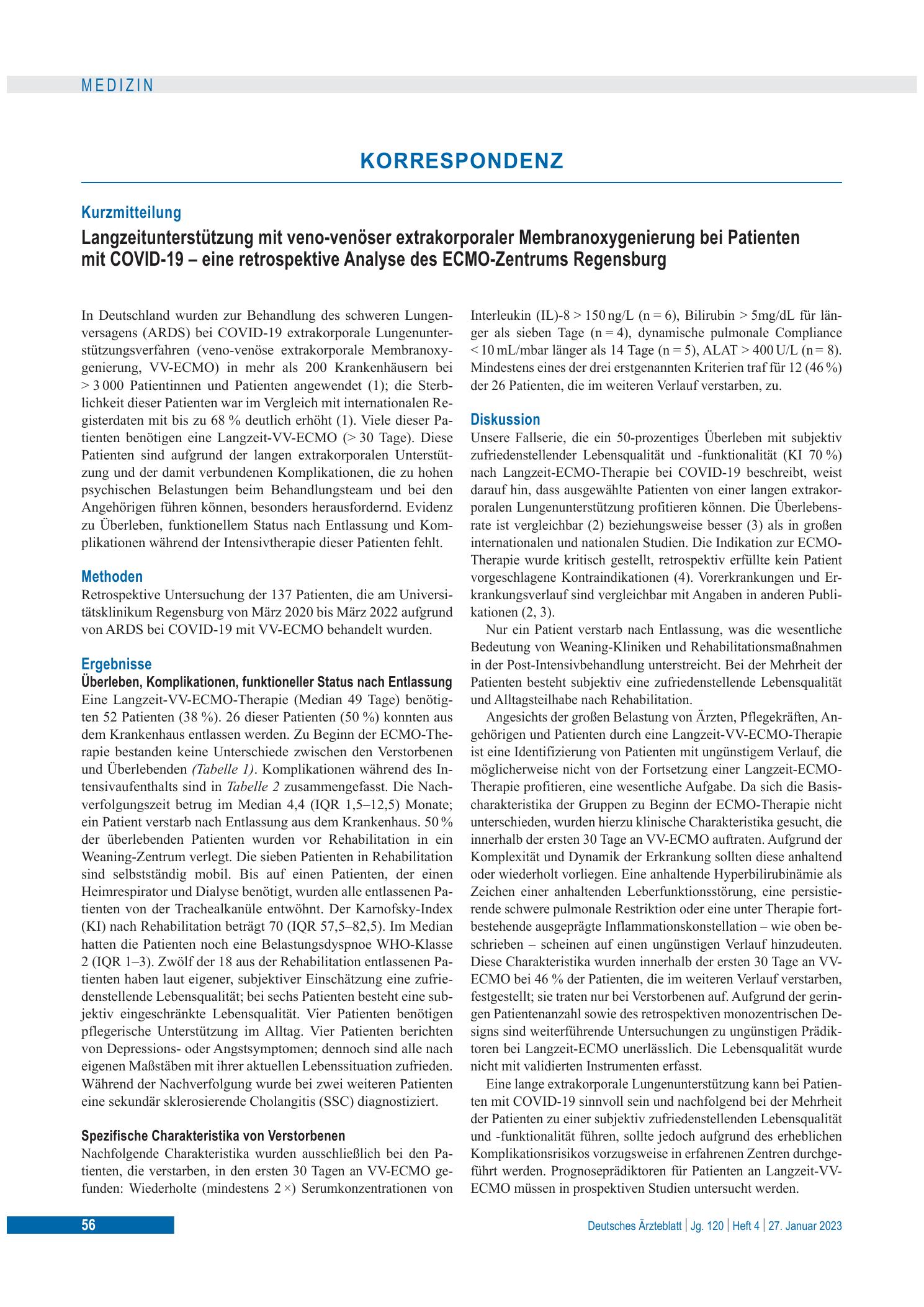 Vorschauseite 1: Langzeitunterstützung mit veno-venöser extrakorporaler Membranoxygenierung bei Patienten mit COVID-19 – eine retrospektive Analyse des ECMO-Zentrums Regensburg – Deutsches Ärztebl…
