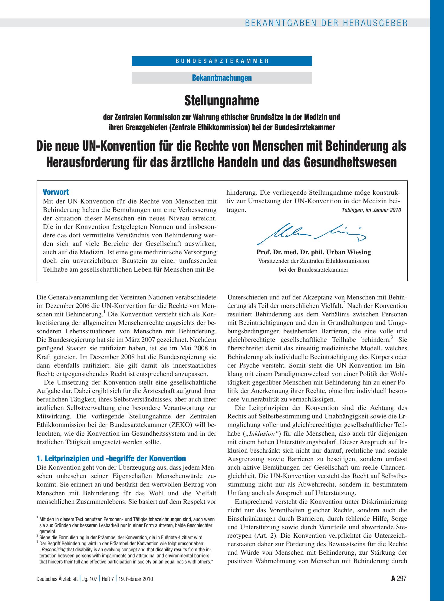 Vorschauseite 1: Stellungnahme der Zentralen Kommission zur Wahrung ethischer Grundsätze in der Medizin und ihren Grenzgebieten (Zentrale Ethikkommission) bei der Bundesärztekammer: Die neue UN-Ko…
