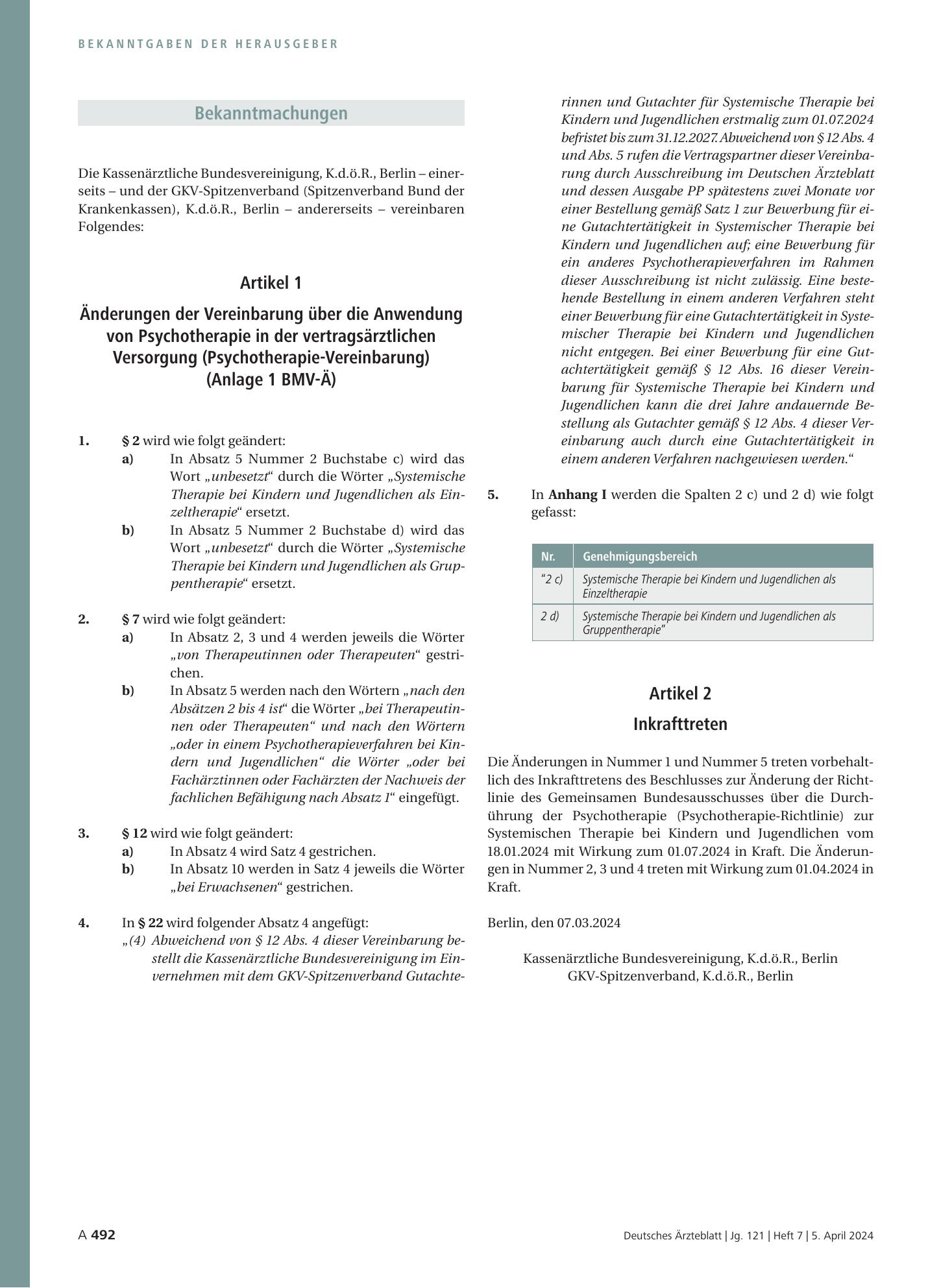Vorschauseite 1: Änderungen der Vereinbarung über die Anwendung von Psychotherapie in der vertragsärztlichen Versorgung (Psychotherapie-Vereinbarung) – Deutsches Ärzteblatt
