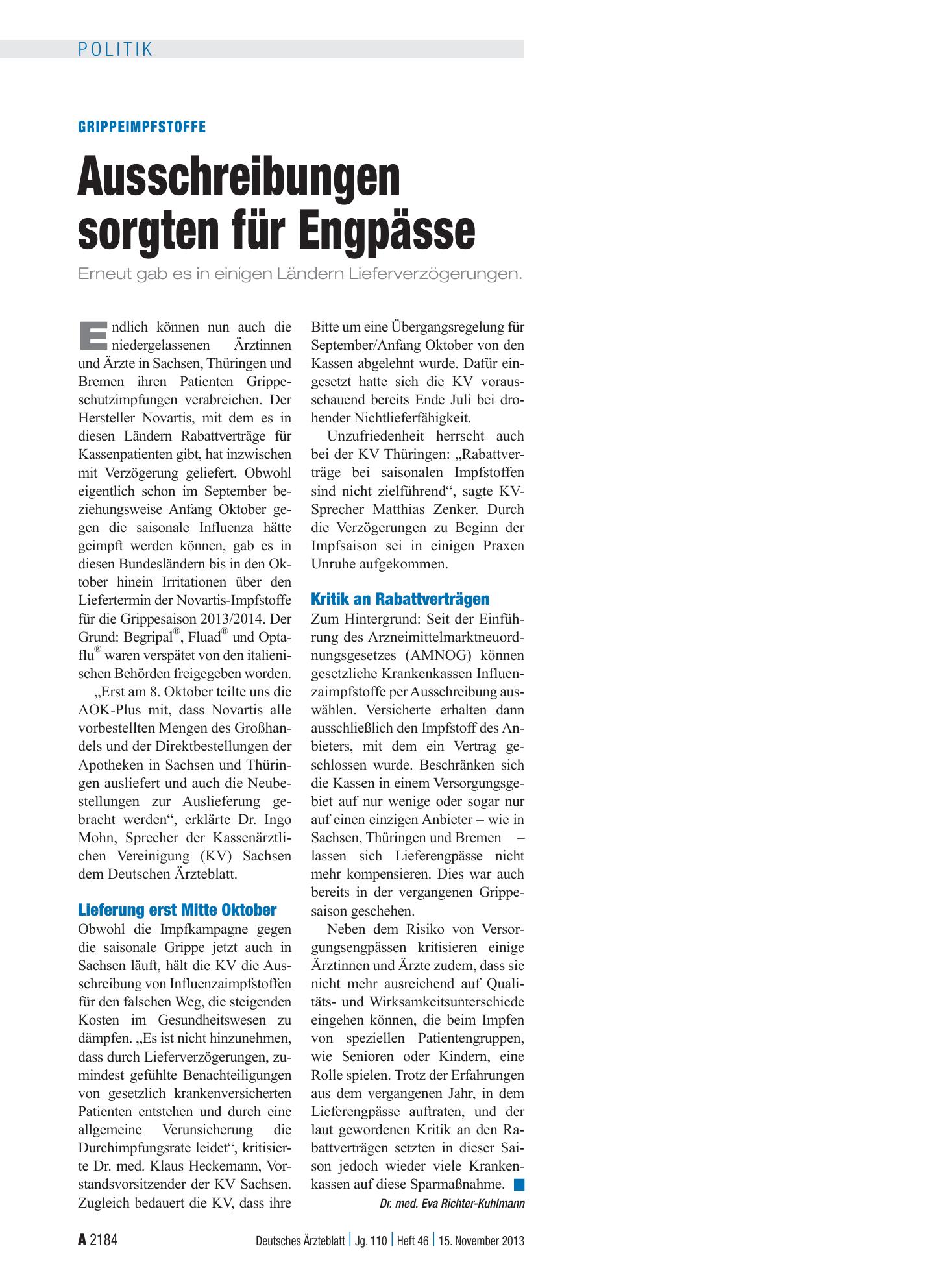Vorschauseite 1: Grippeimpfstoffe: Ausschreibungen sorgten für Engpässe – Deutsches Ärzteblatt