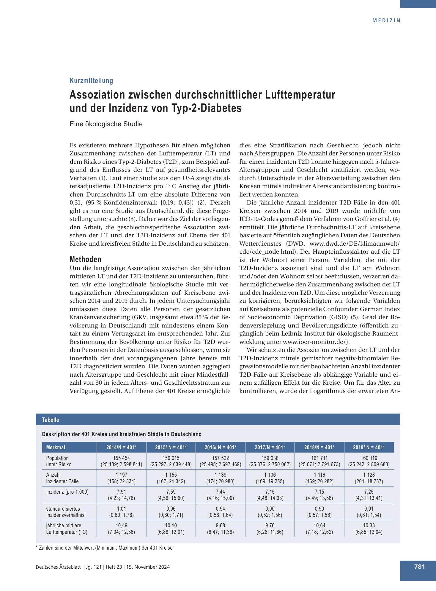 Vorschauseite 1: Assoziation zwischen durchschnittlicher Lufttemperatur und der Inzidenz von Typ-2-Diabetes – Deutsches Ärzteblatt