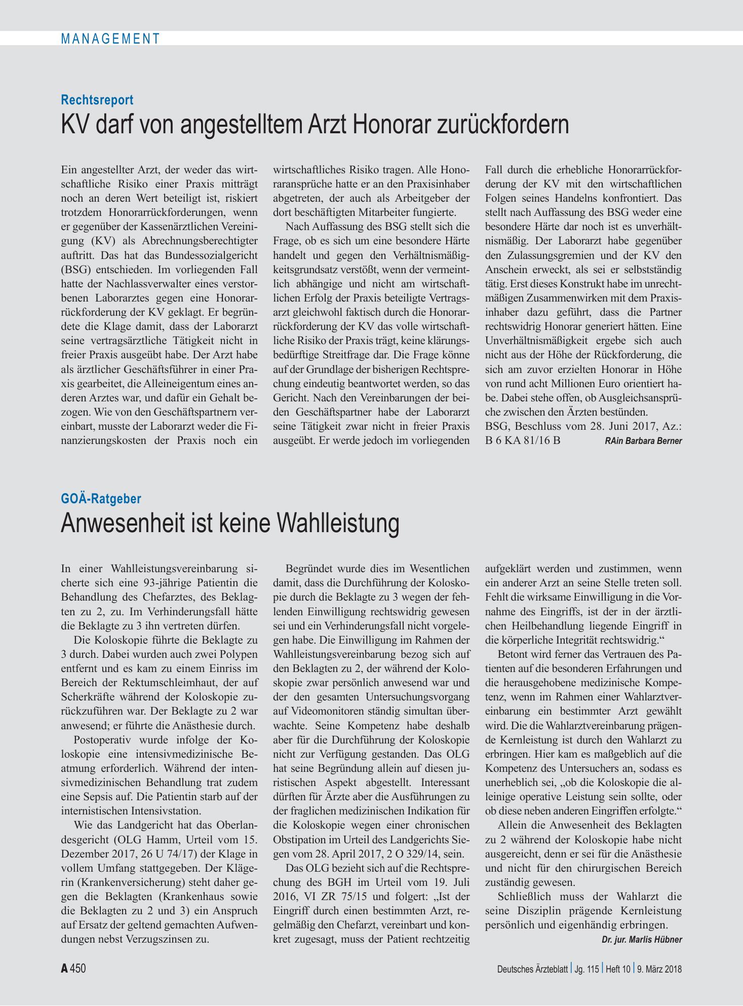Vorschauseite 1: Rechtsreport: KV darf von angestelltem Arzt Honorar zurückfordern – Deutsches Ärzteblatt
