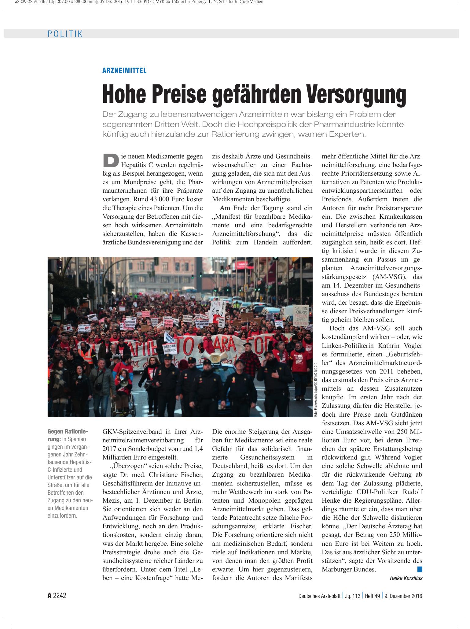 Vorschauseite 1: Arzneimittel: Hohe Preise gefährden Versorgung – Deutsches Ärzteblatt