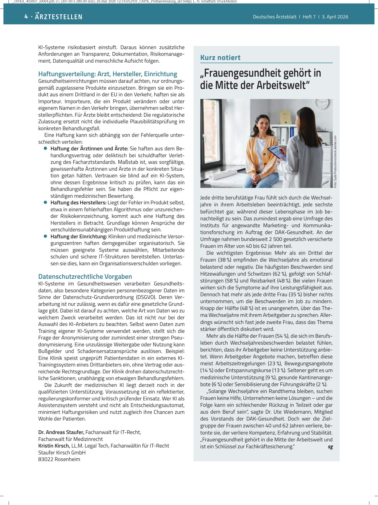 Vorschauseite 1: „Frauengesundheit gehört in die Mitte der Arbeitswelt“ – Deutsches Ärzteblatt