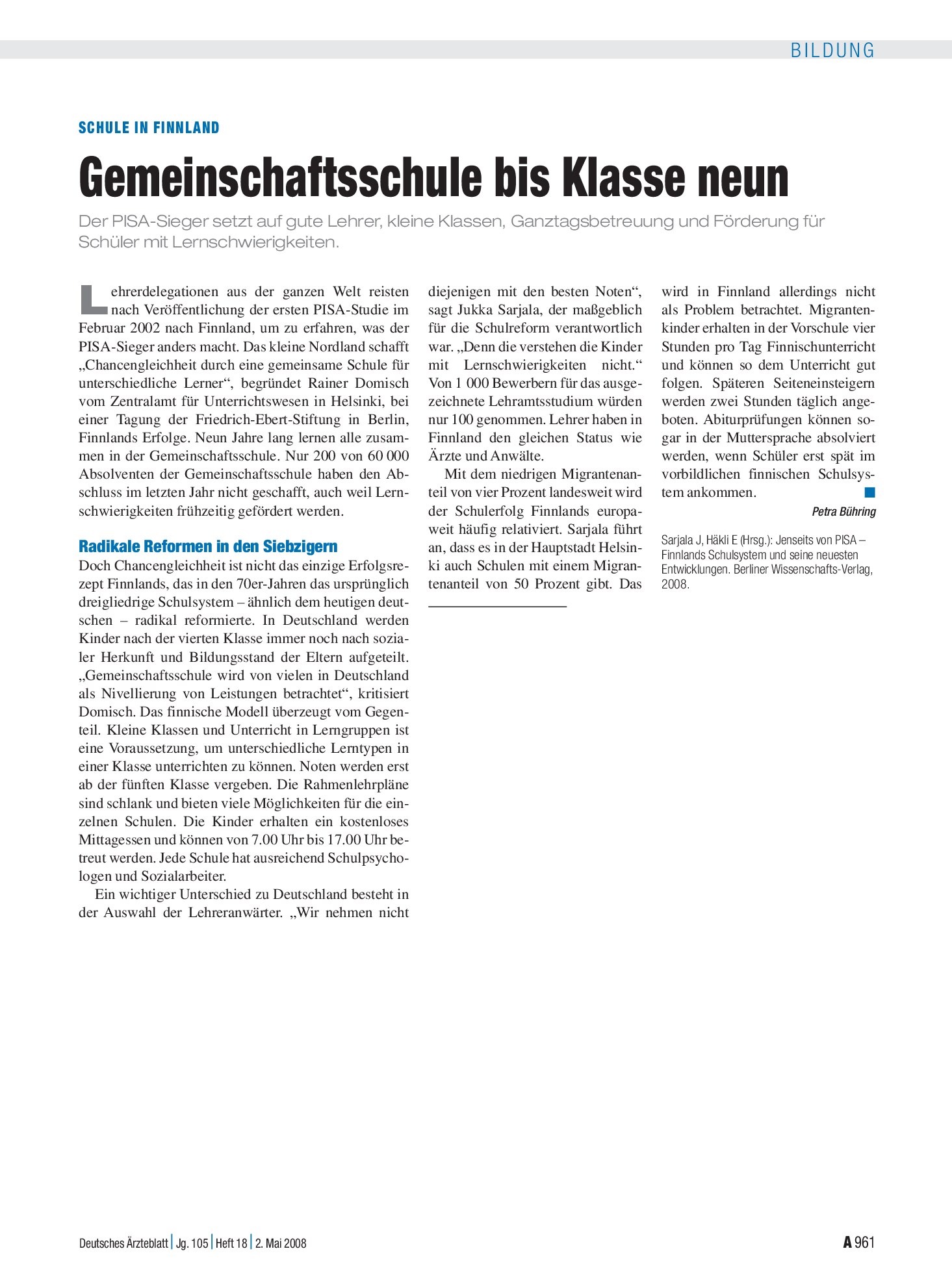 Vorschauseite 1: Schule in Finnland: Gemeinschaftsschule bis Klasse neun – Deutsches Ärzteblatt