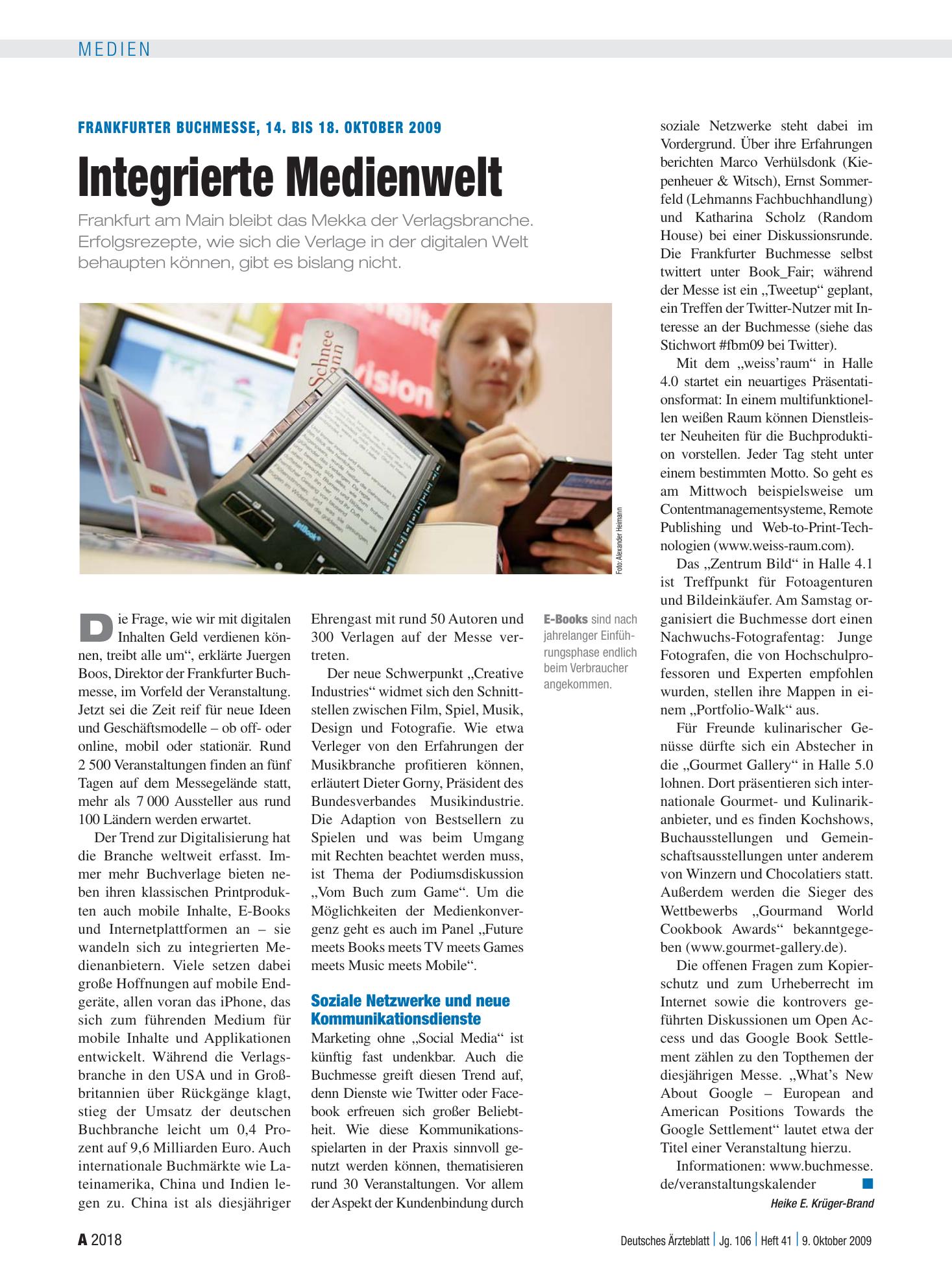 Vorschauseite 1: Frankfurter Buchmesse, 14. bis 18. Oktober 2009: Integrierte Medienwelt – Deutsches Ärzteblatt