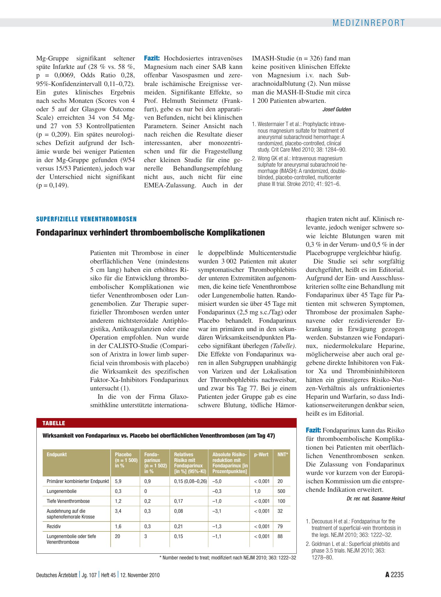 Vorschauseite 1: Superfizielle Venenthrombosen: Fondaparinux verhindert thromboembolische Komplikationen – Deutsches Ärzteblatt