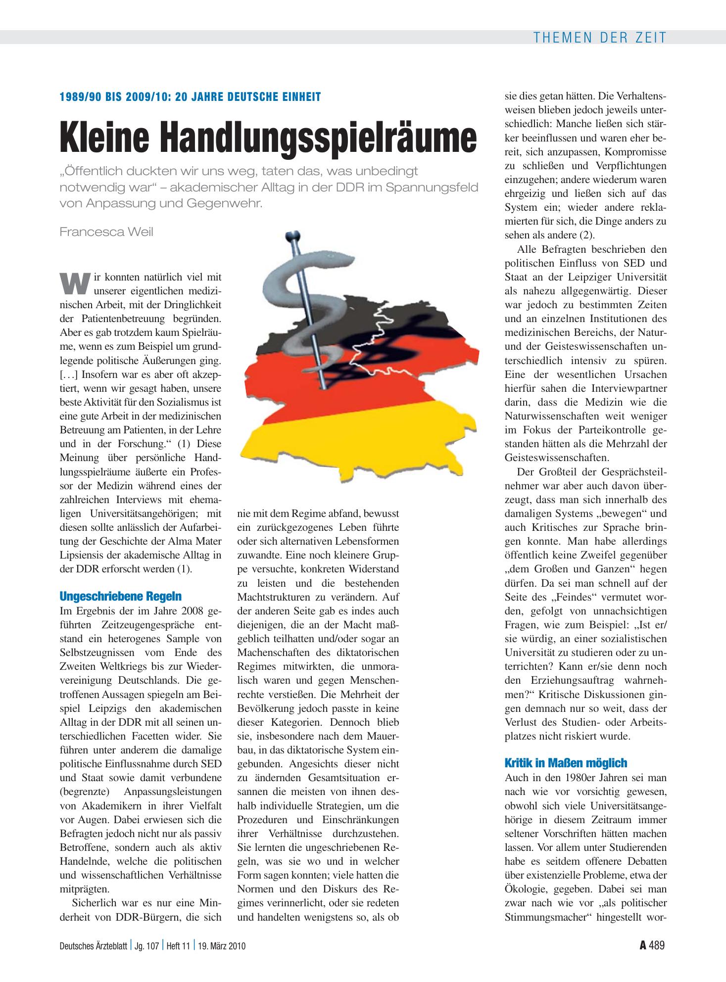 Vorschauseite 1: 1989/90 bis 2009/10: 20 Jahre deutsche Einheit – Kleine Handlungsspielräume – Deutsches Ärzteblatt