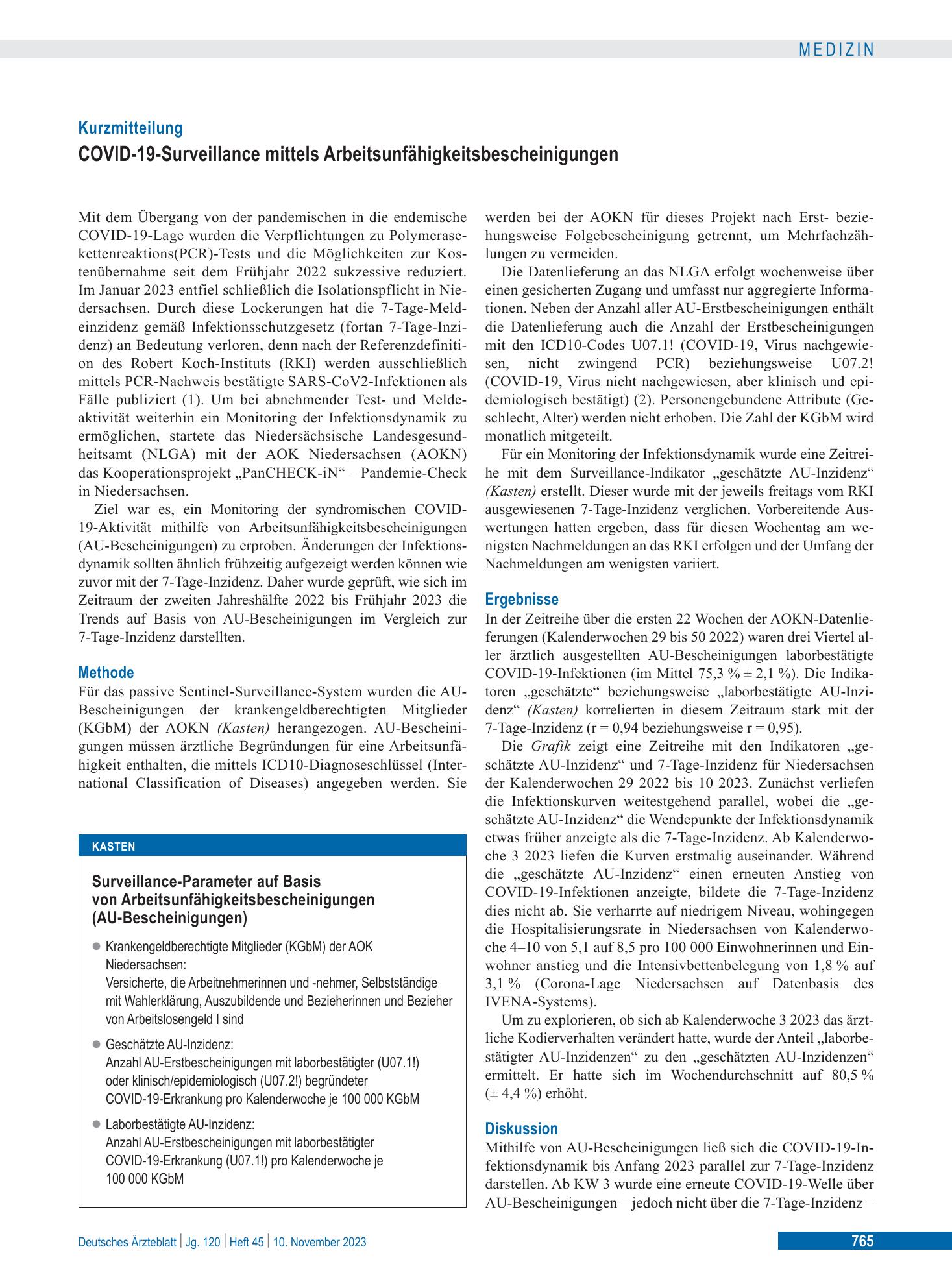 Vorschauseite 1: COVID-19-Surveillance mittels Arbeitsunfähigkeitsbescheinigungen – Deutsches Ärzteblatt