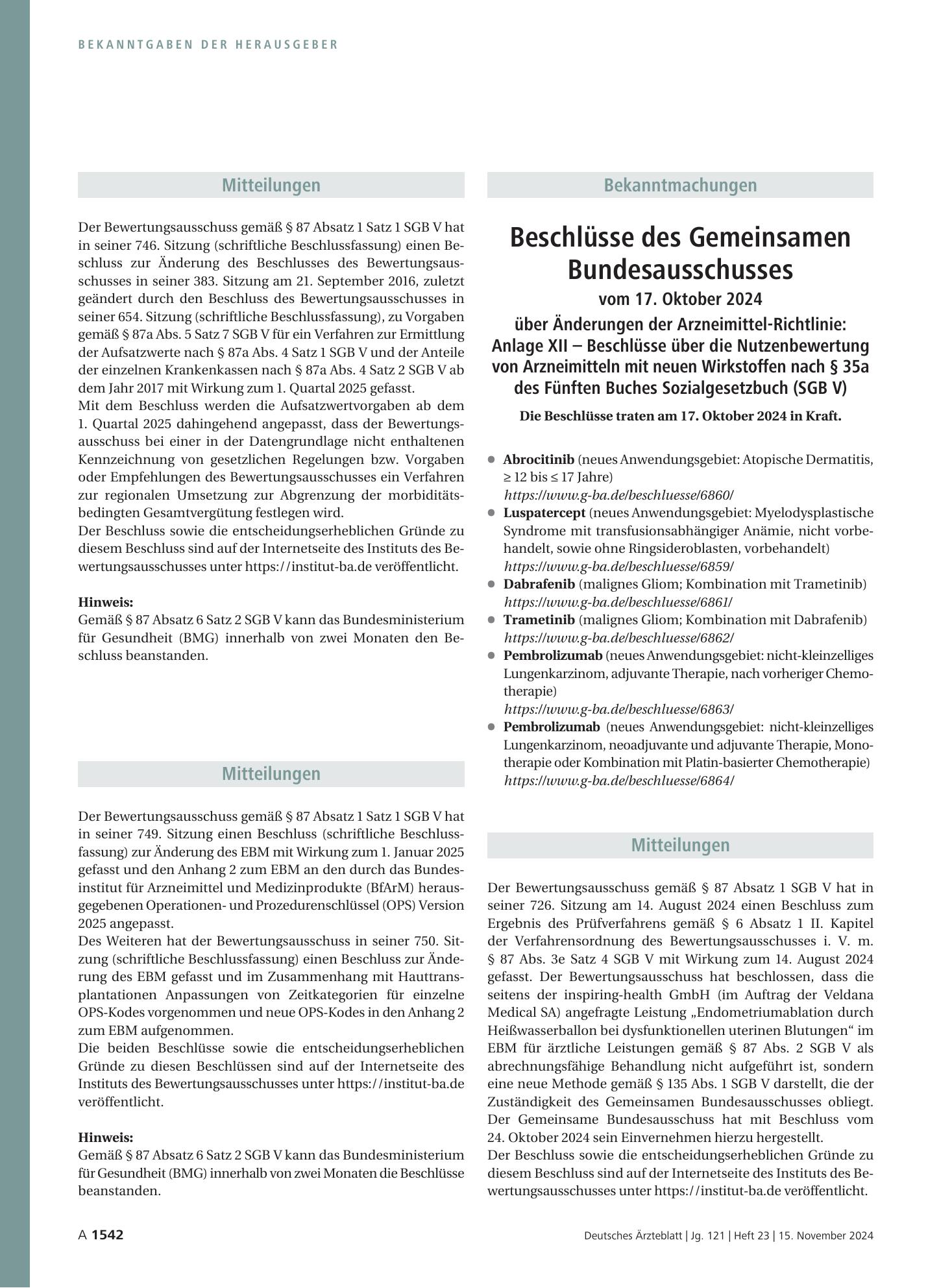 Vorschauseite 1: Mitteilungen – Deutsches Ärzteblatt