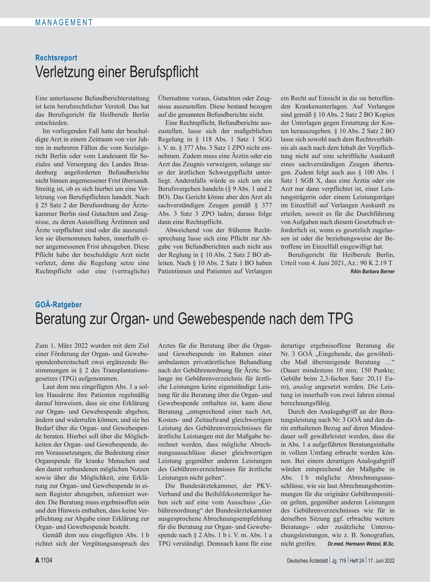 Vorschauseite 1: Rechtsreport: Verletzung einer Berufspflicht – Deutsches Ärzteblatt
