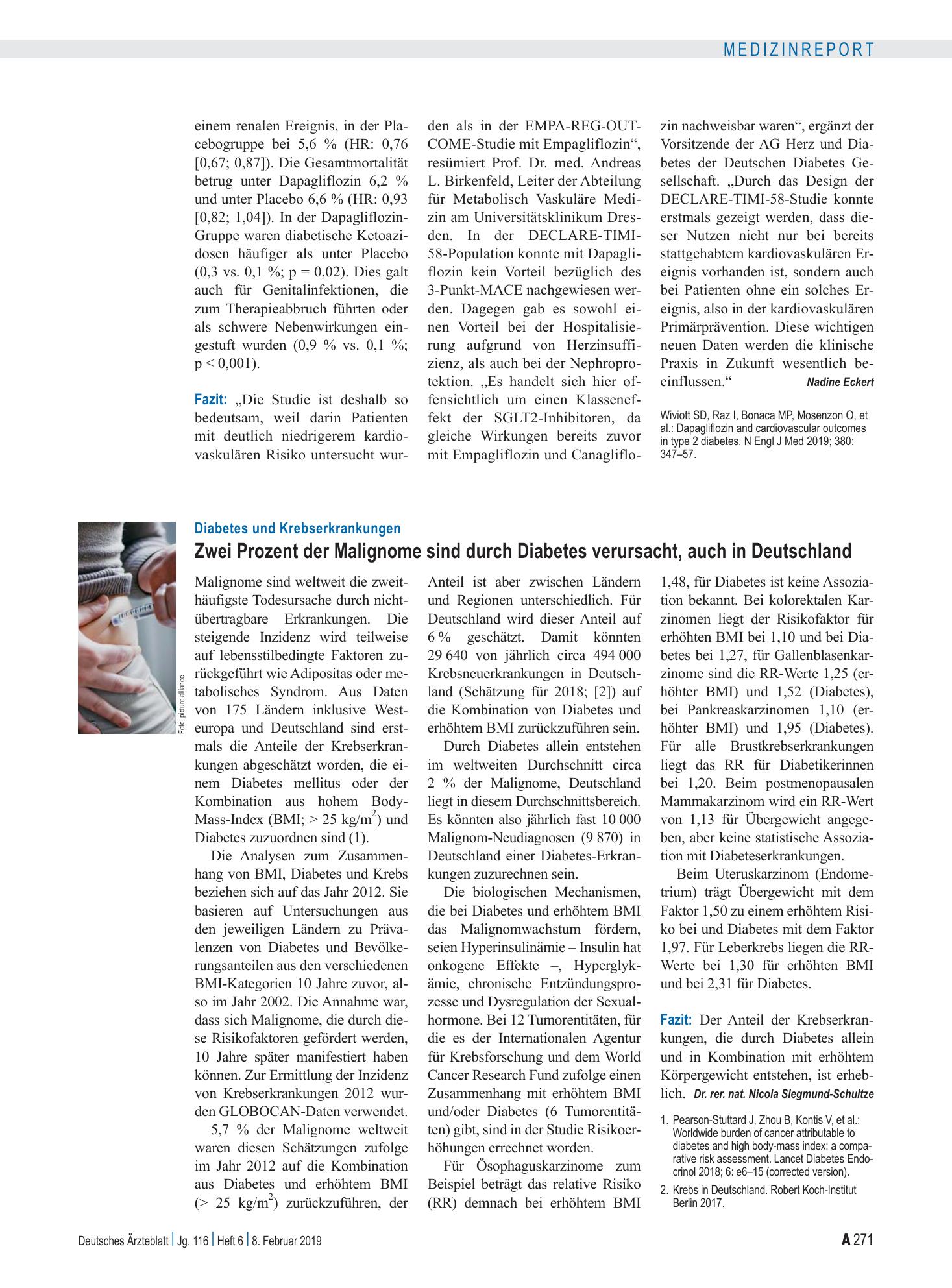 Vorschauseite 1: Diabetes und Krebserkrankungen: Zwei Prozent der Malignome sind durch Diabetes verursacht, auch in Deutschland – Deutsches Ärzteblatt