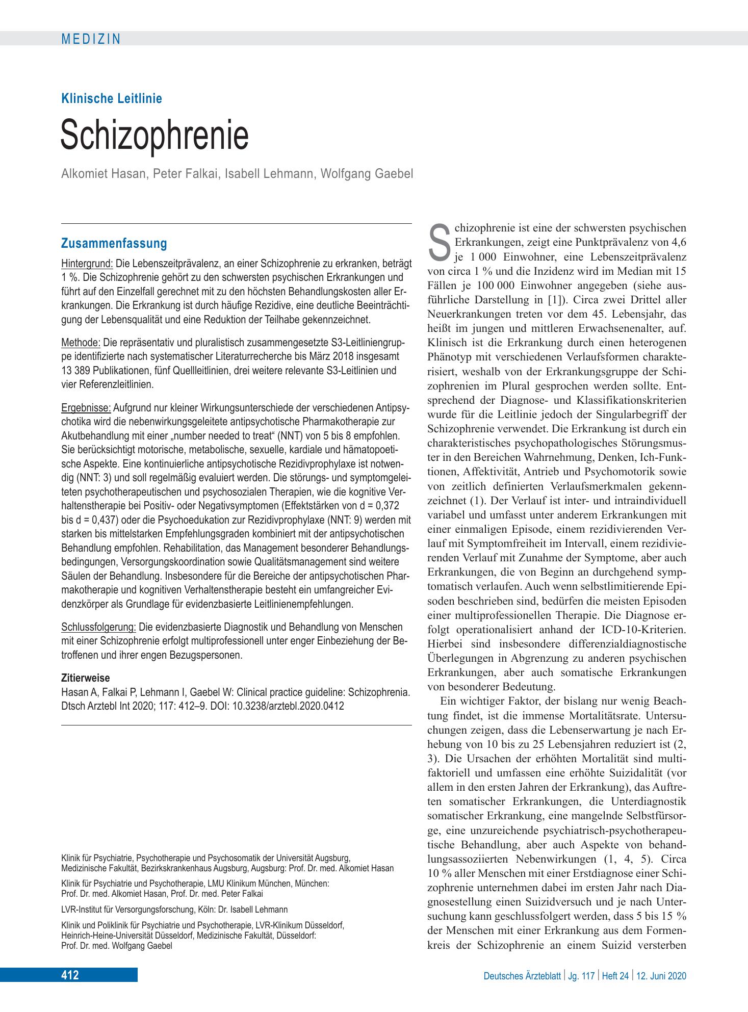 Vorschauseite 1: Schizophrenie – Deutsches Ärzteblatt