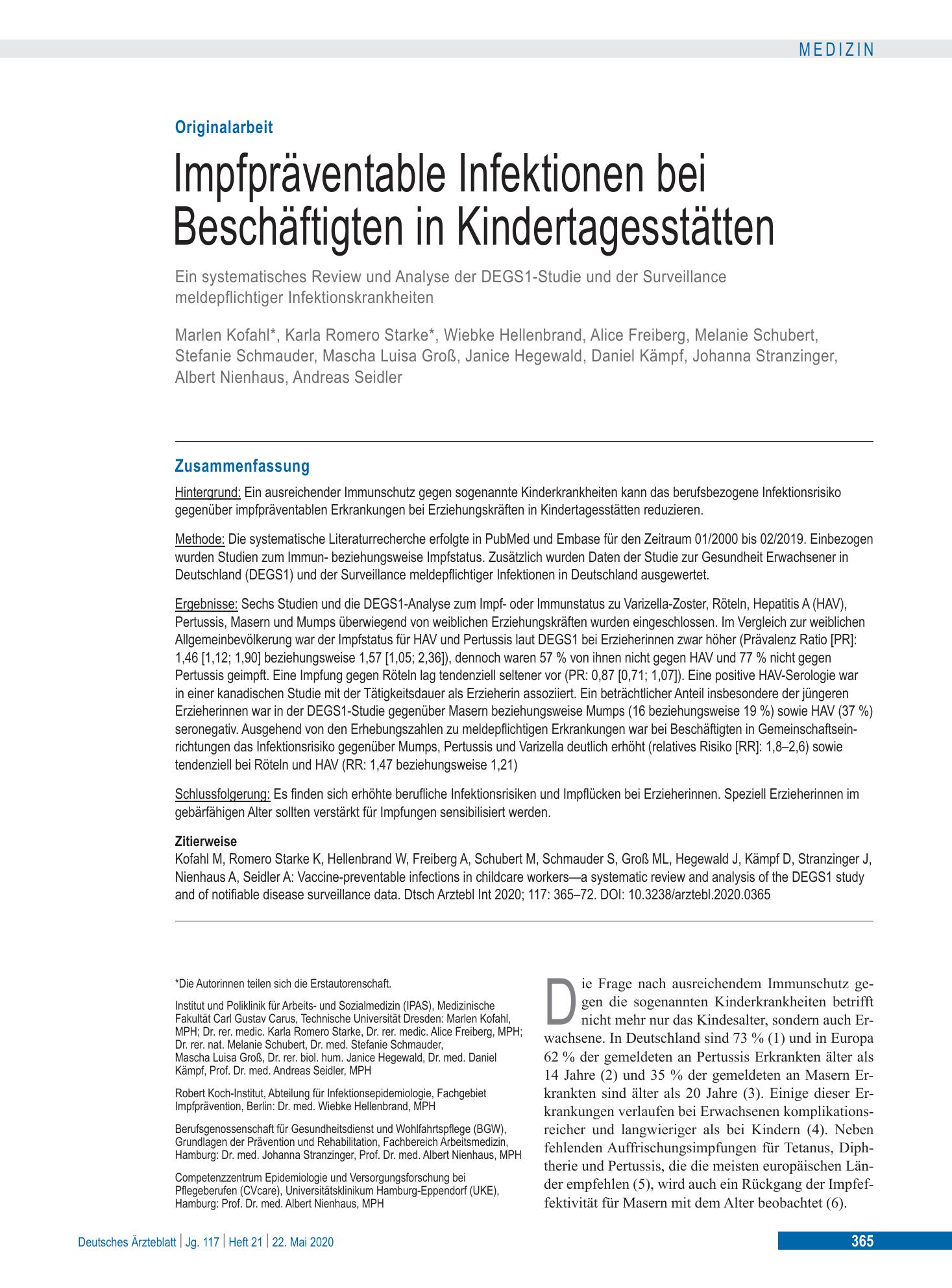 Vorschauseite 1: Impfpräventable Infektionen bei Beschäftigten in Kindertagesstätten – Deutsches Ärzteblatt