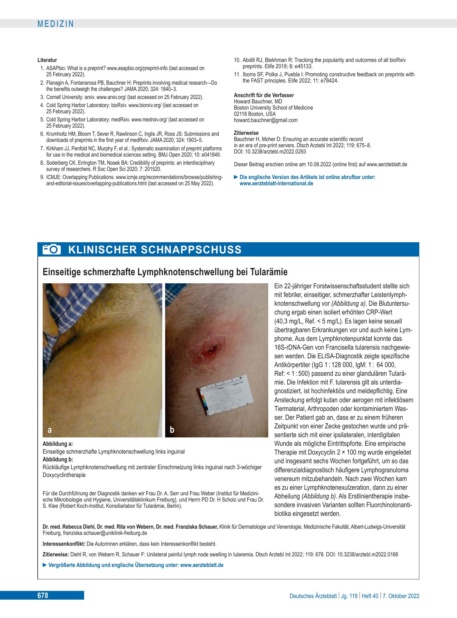 Vorschauseite 1: Einseitige schmerzhafte Lymphknotenschwellung bei Tularämie – Deutsches Ärzteblatt