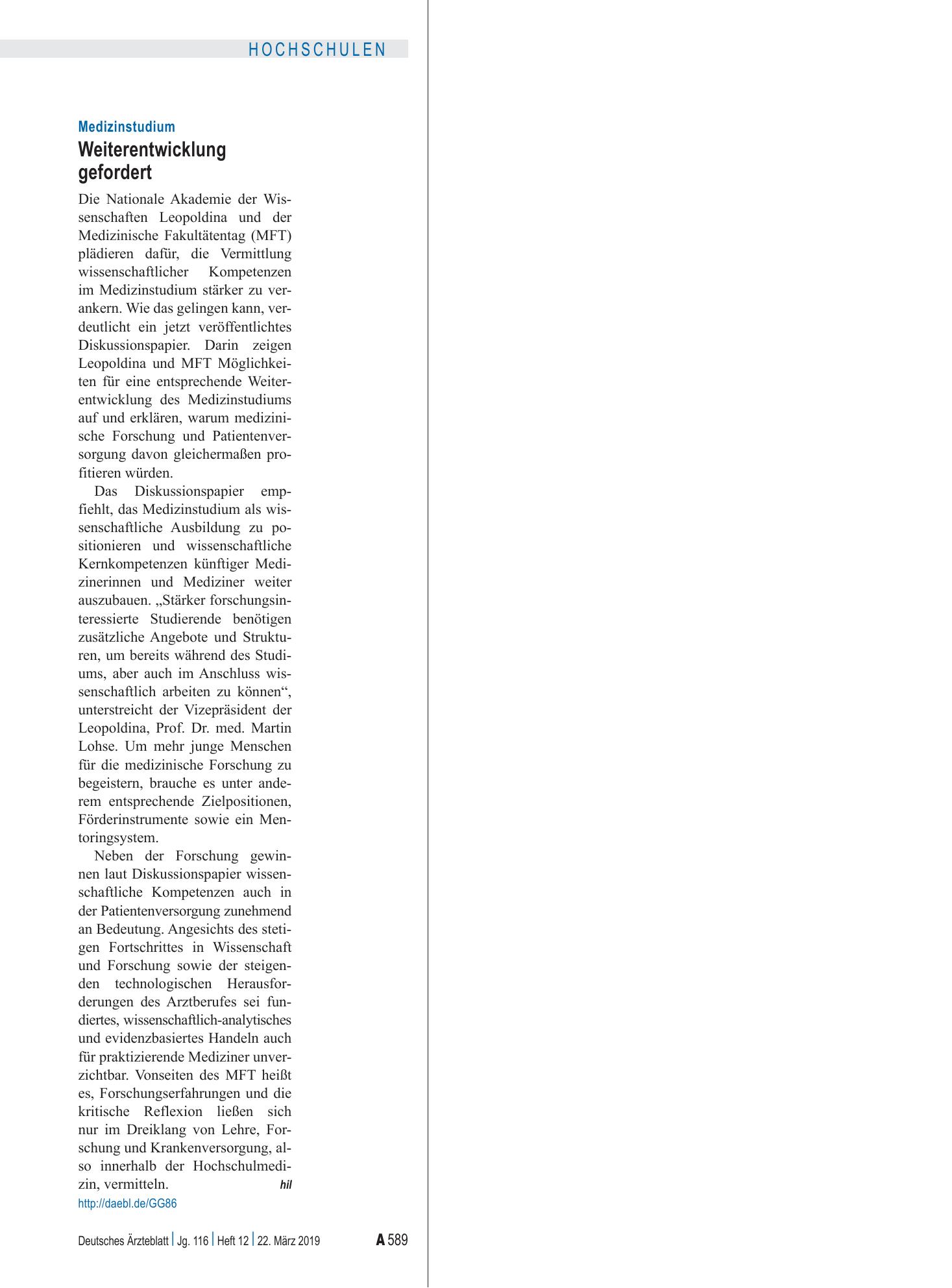 Vorschauseite 1: Medizinstudium: Weiterentwicklung gefordert – Deutsches Ärzteblatt