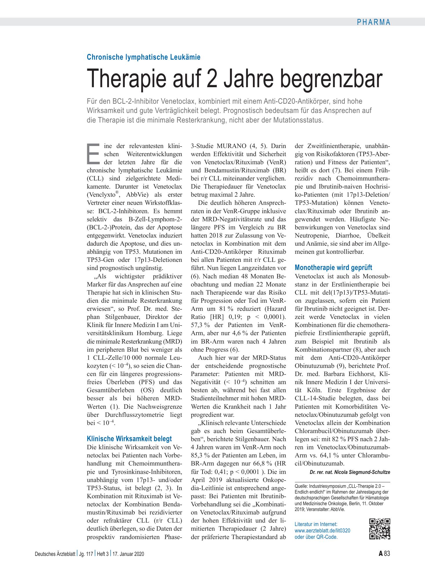 Vorschauseite 1: Chronische lymphatische Leukämie: Therapie auf 2 Jahre begrenzbar – Deutsches Ärzteblatt