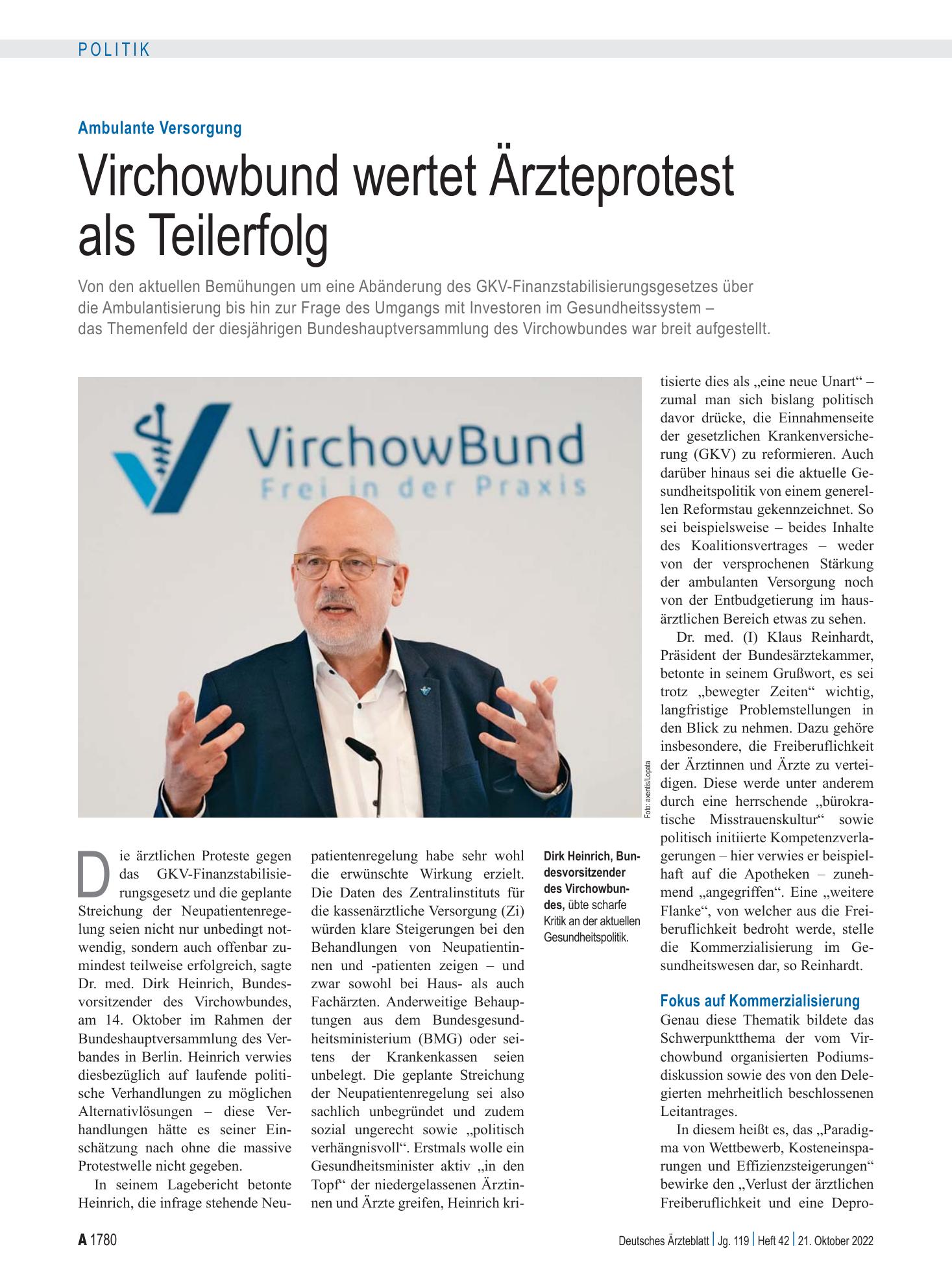 Vorschauseite 1: Ambulante Versorgung: Virchowbund wertet Ärzteprotest als Teilerfolg – Deutsches Ärzteblatt