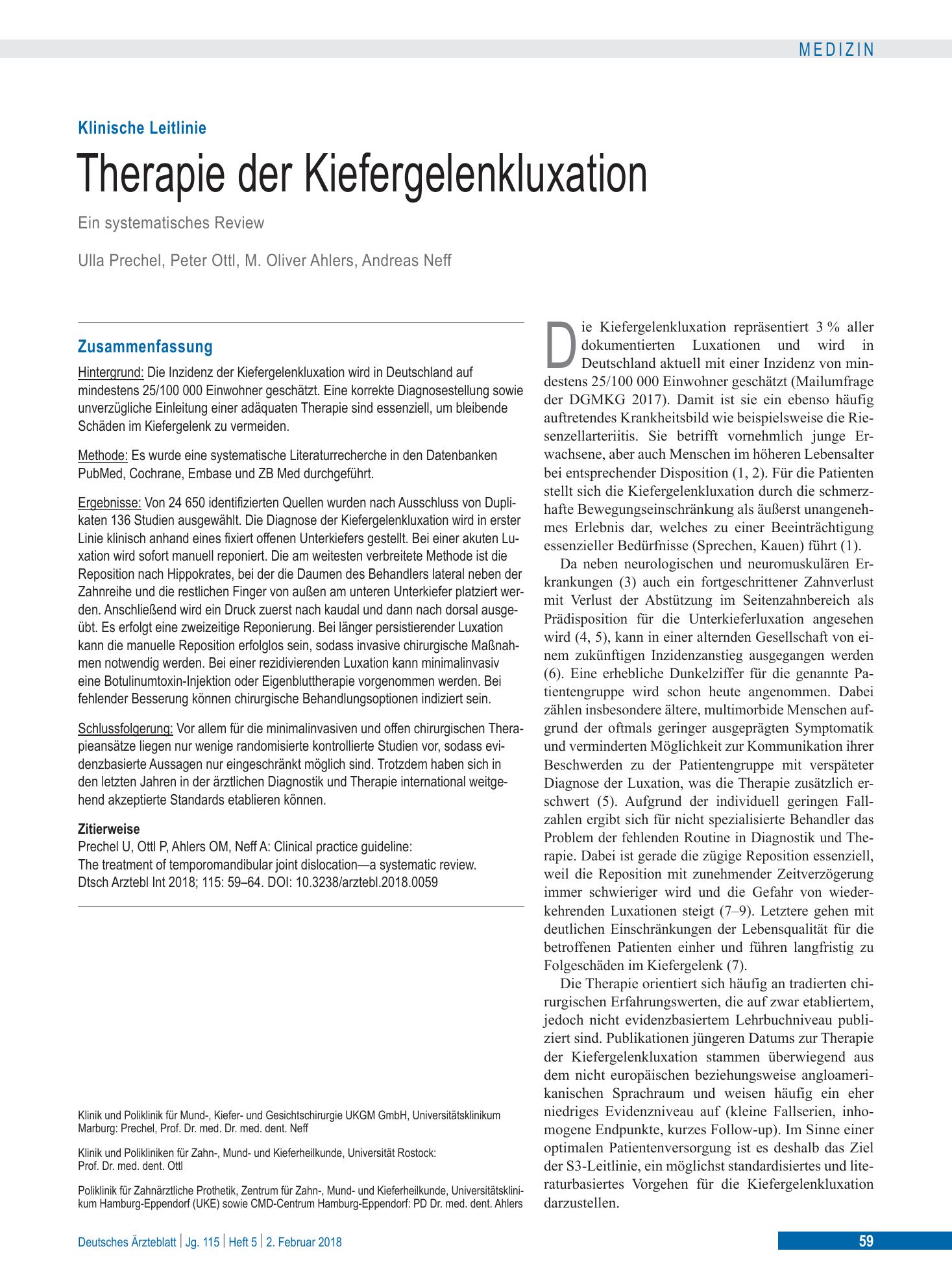 Vorschauseite 1: Therapie der Kiefergelenkluxation – Deutsches Ärzteblatt