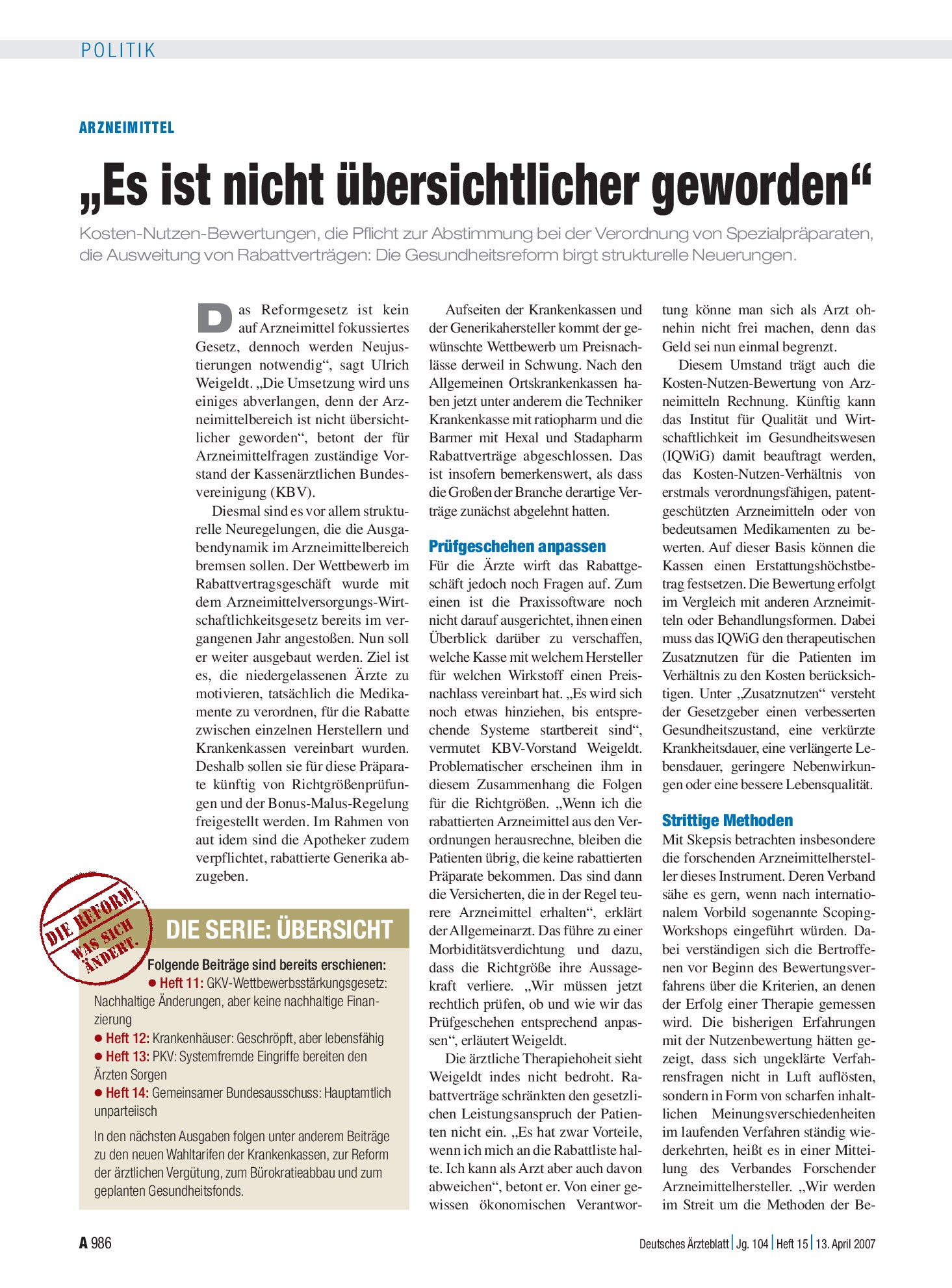 Vorschauseite 1: Arzneimittel: „Es ist nicht übersichtlicher geworden“ – Deutsches Ärzteblatt