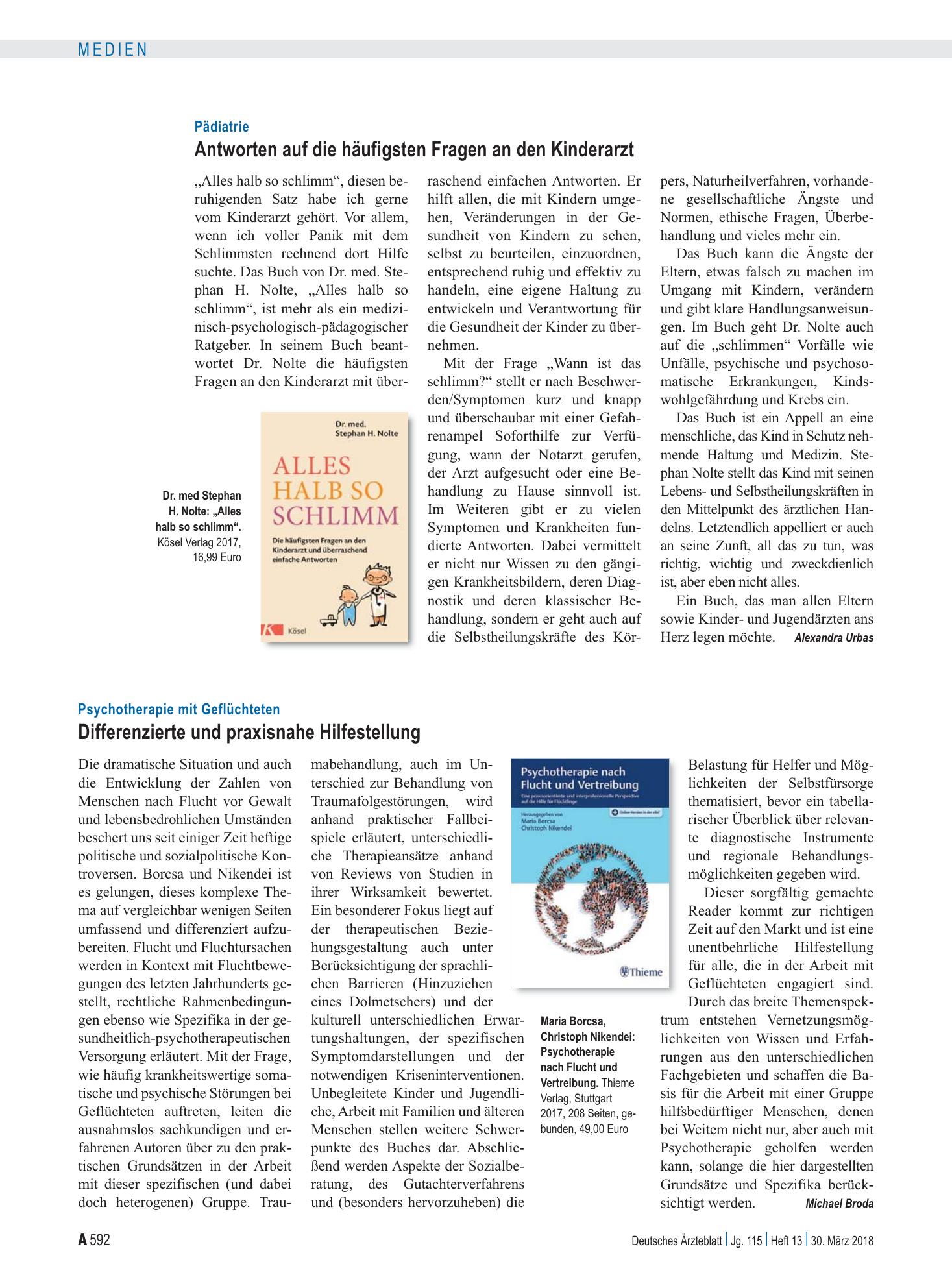 Vorschauseite 1: Psychotherapie mit Geflüchteten: Differenzierte und praxisnahe Hilfestellung – Deutsches Ärzteblatt