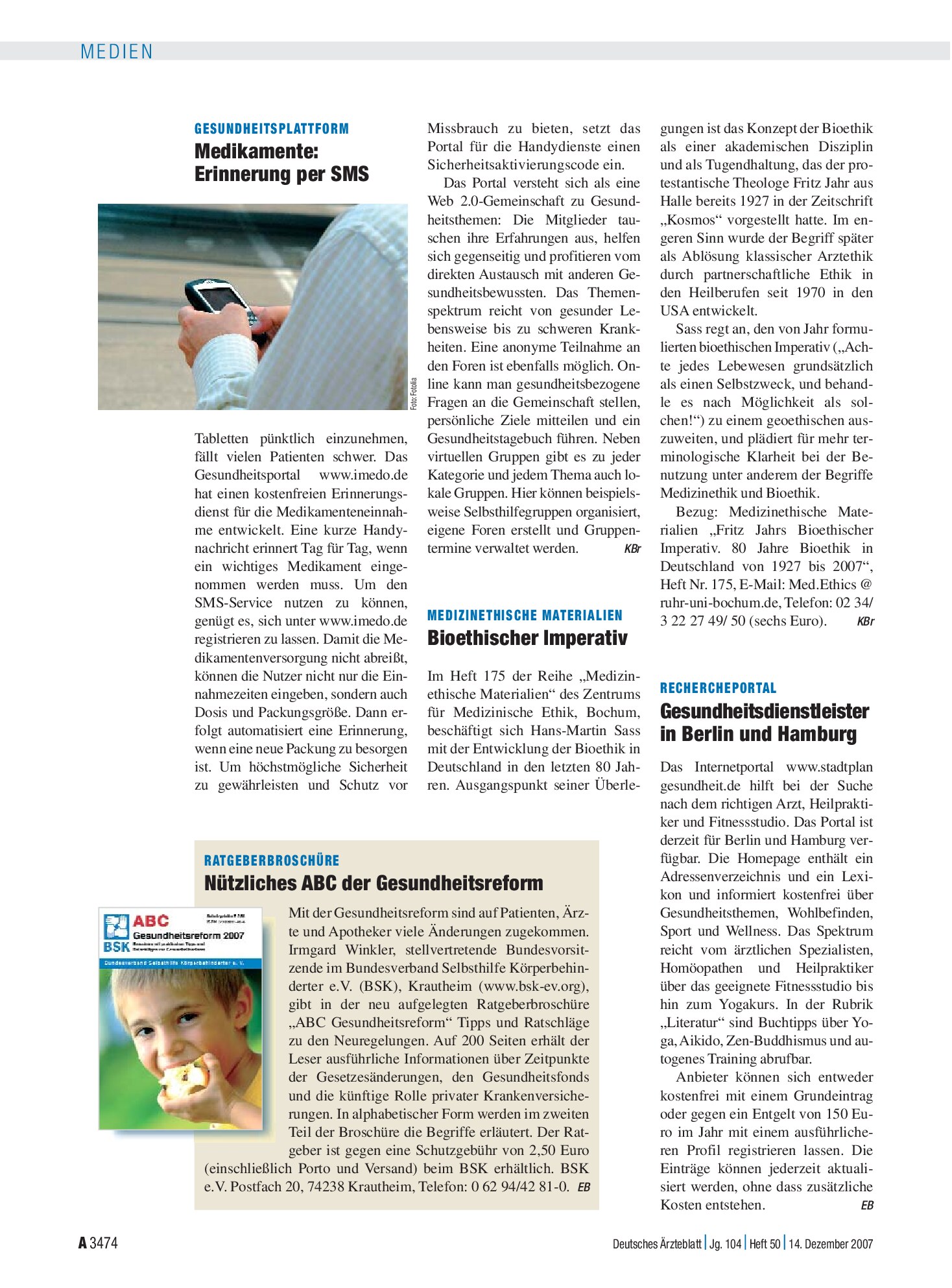 Vorschauseite 1: Gesundheitsplattform - Medikamente: Erinnerung per SMS – Deutsches Ärzteblatt