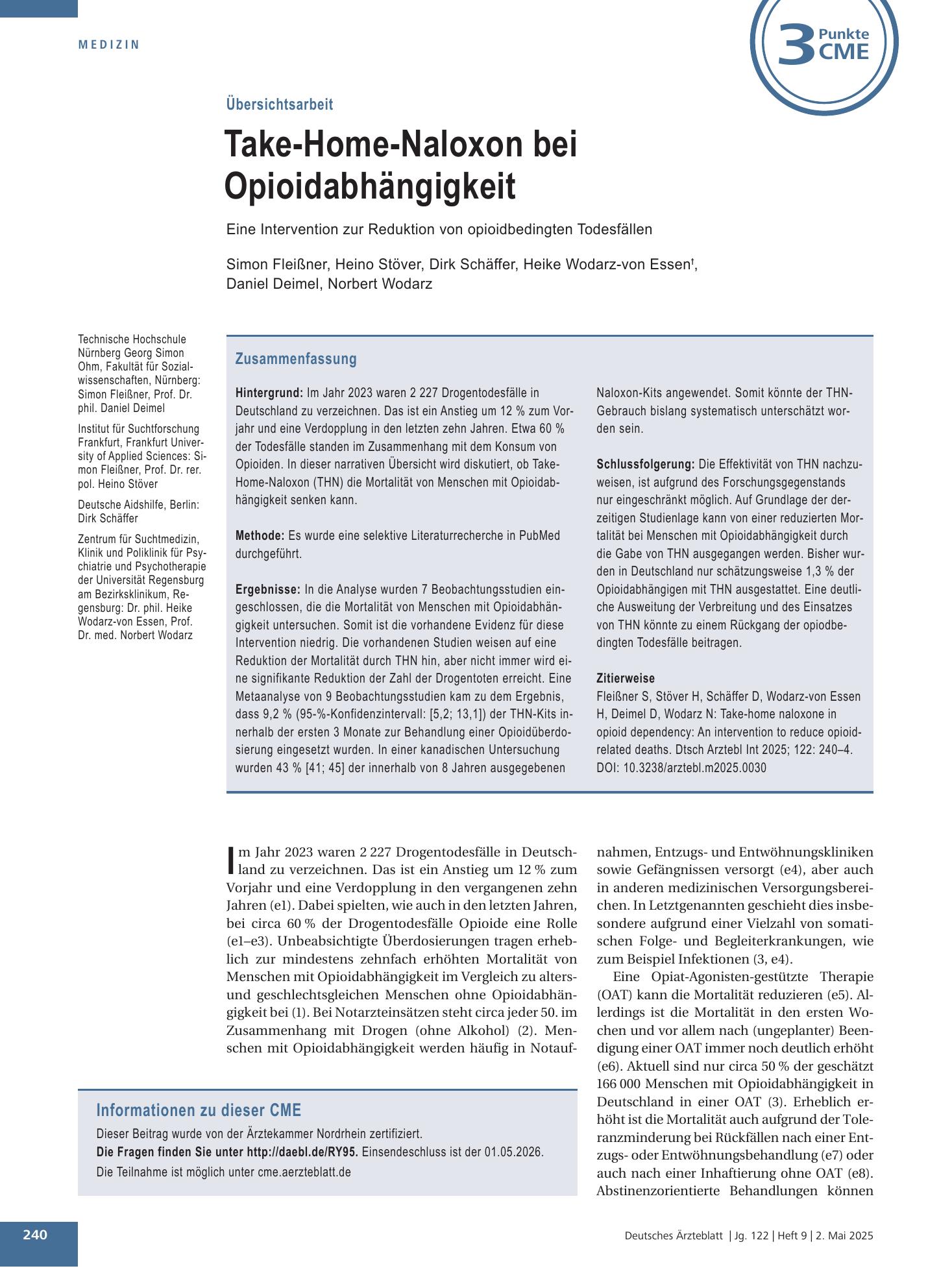 Vorschauseite 1: Take-Home-Naloxon bei Opioidabhängigkeit – Deutsches Ärzteblatt