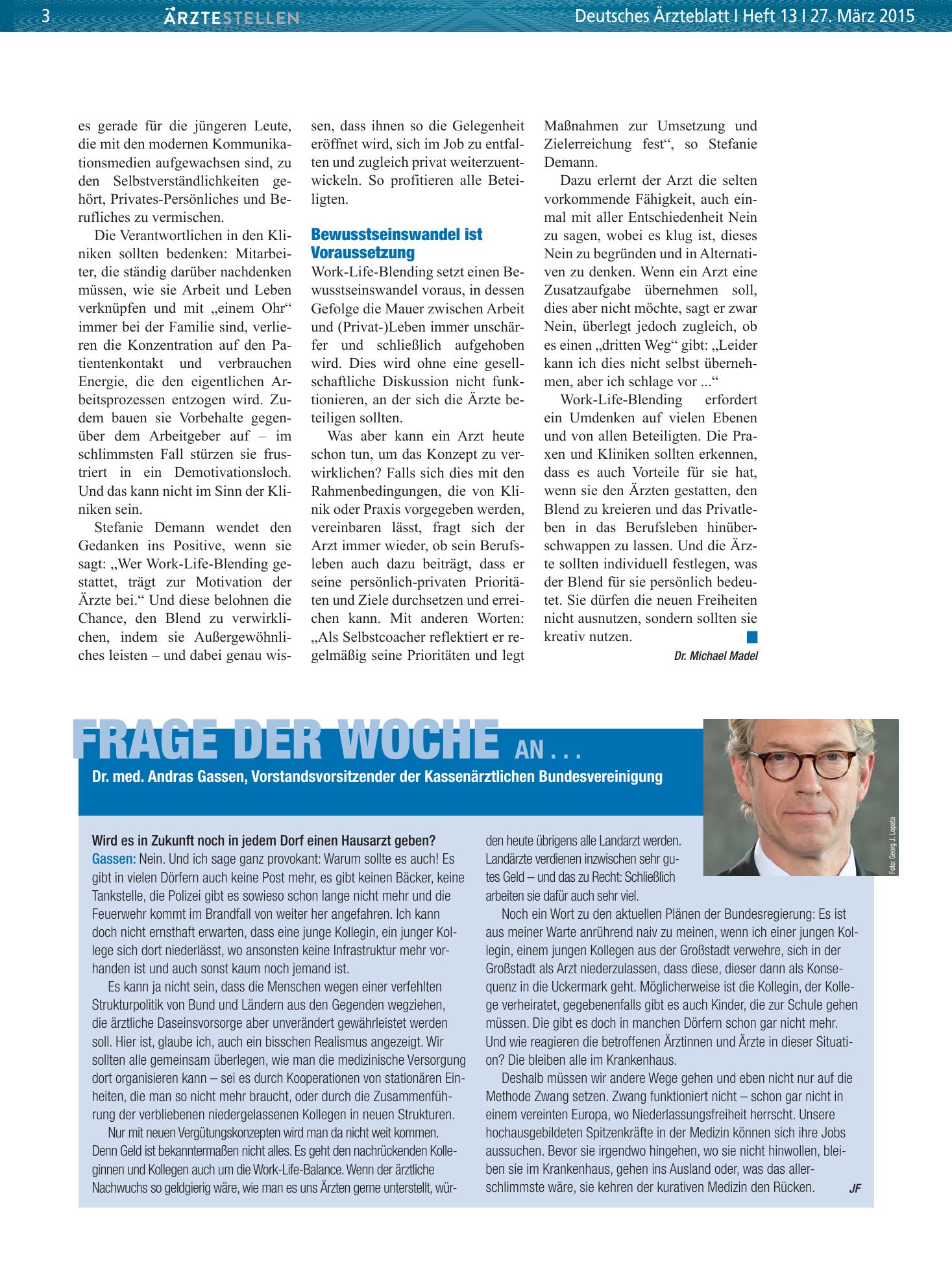 Vorschauseite 1: Frage der Woche an . . . Dr. med. Andras Gassen, Vorstandsvorsitzender der Kassenärztlichen Bundesvereinigung – Deutsches Ärzteblatt