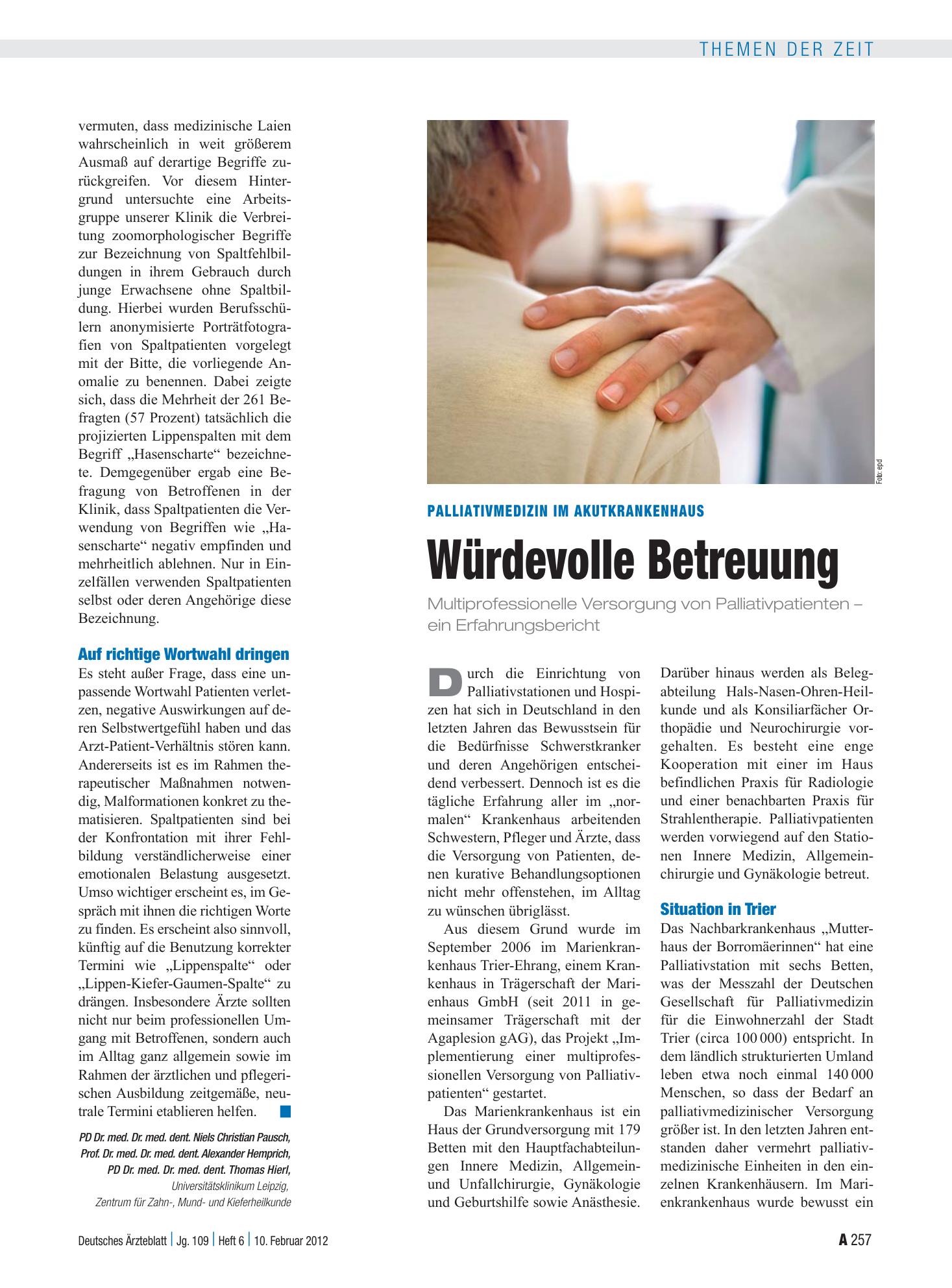 Vorschauseite 1: Palliativmedizin im Akutkrankenhaus: Würdevolle Betreuung – Deutsches Ärzteblatt