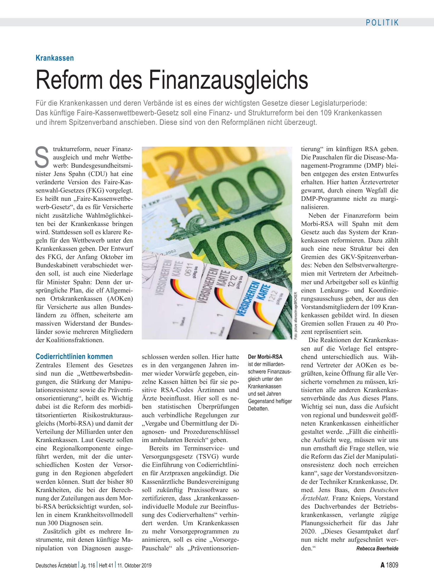 Vorschauseite 1: Krankassen: Reform des Finanzausgleichs – Deutsches Ärzteblatt