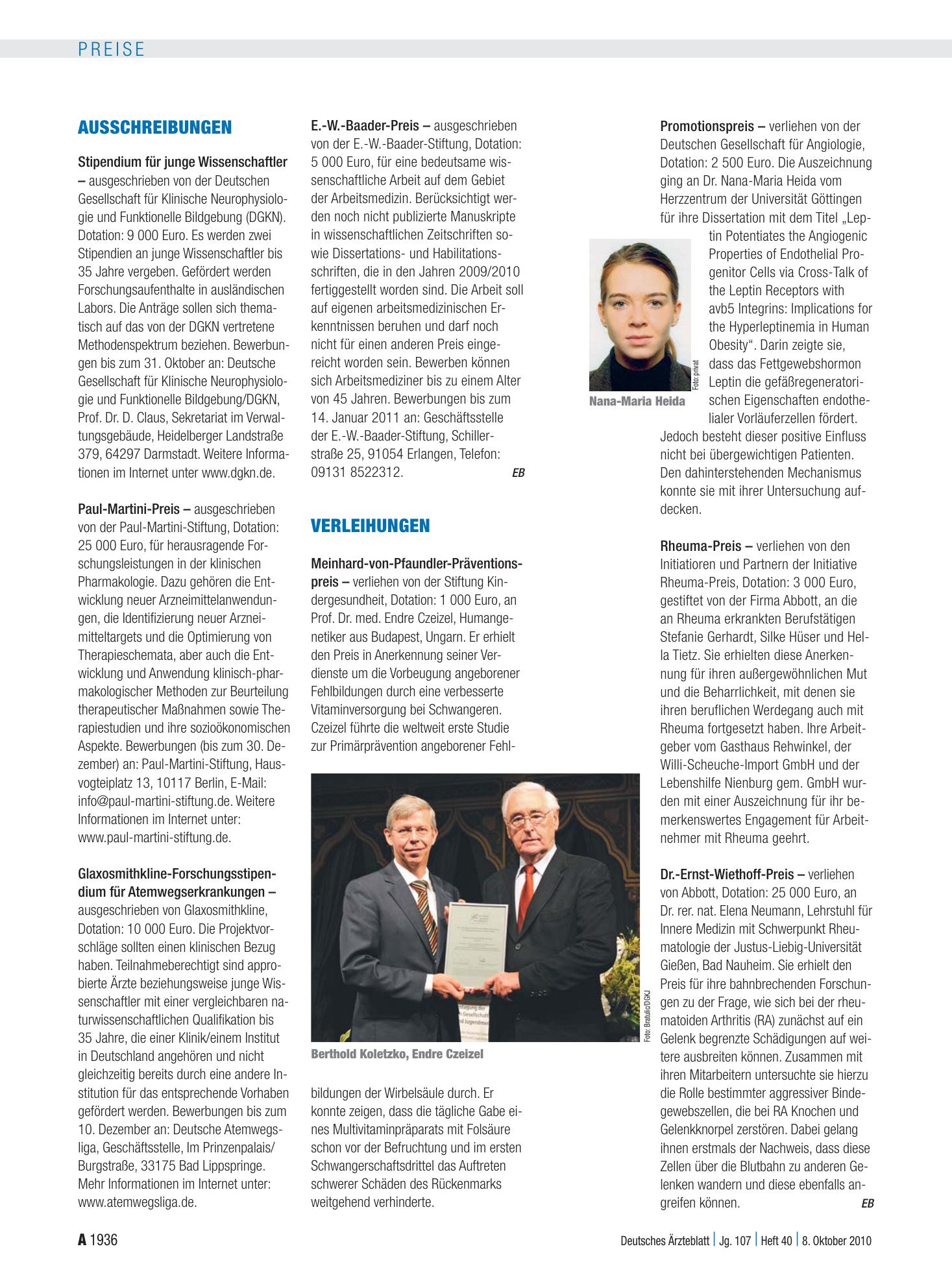 Vorschauseite 1: Verleihungen – Deutsches Ärzteblatt