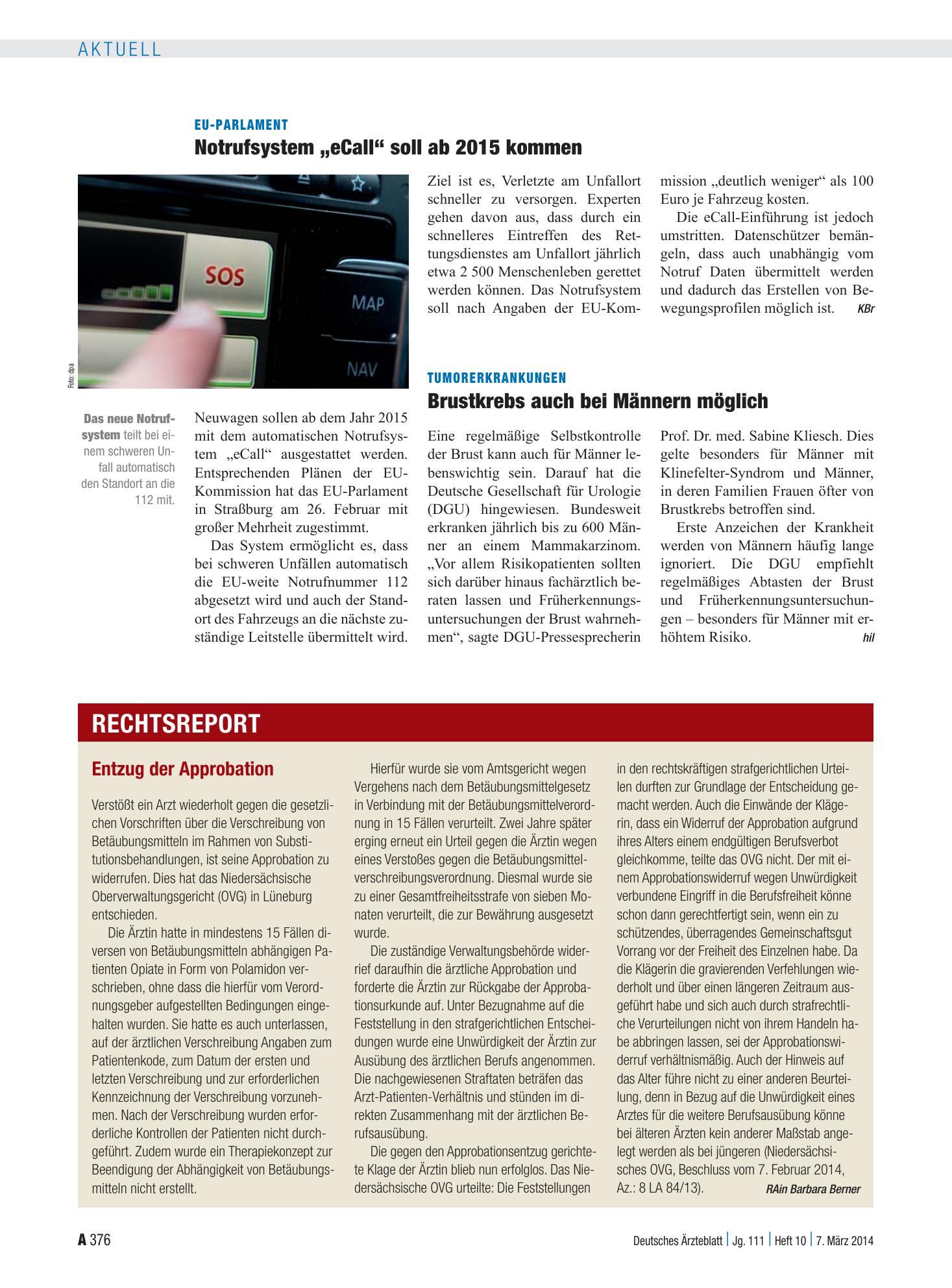 Vorschauseite 1: Entzug der Approbation – Deutsches Ärzteblatt