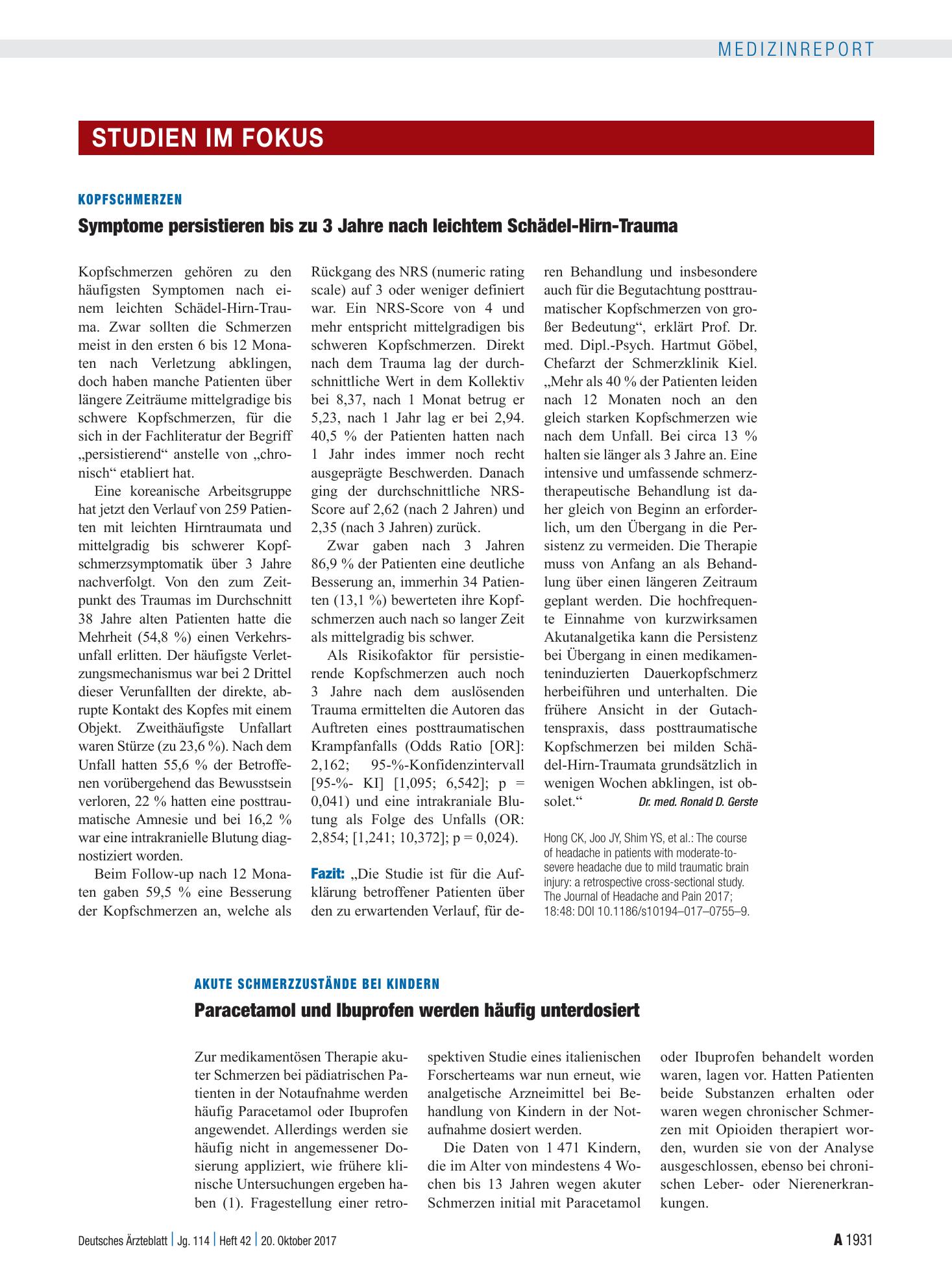 Vorschauseite 1: Akute Schmerzzustände bei Kindern: Paracetamol und Ibuprofen werden häufig unterdosiert – Deutsches Ärzteblatt