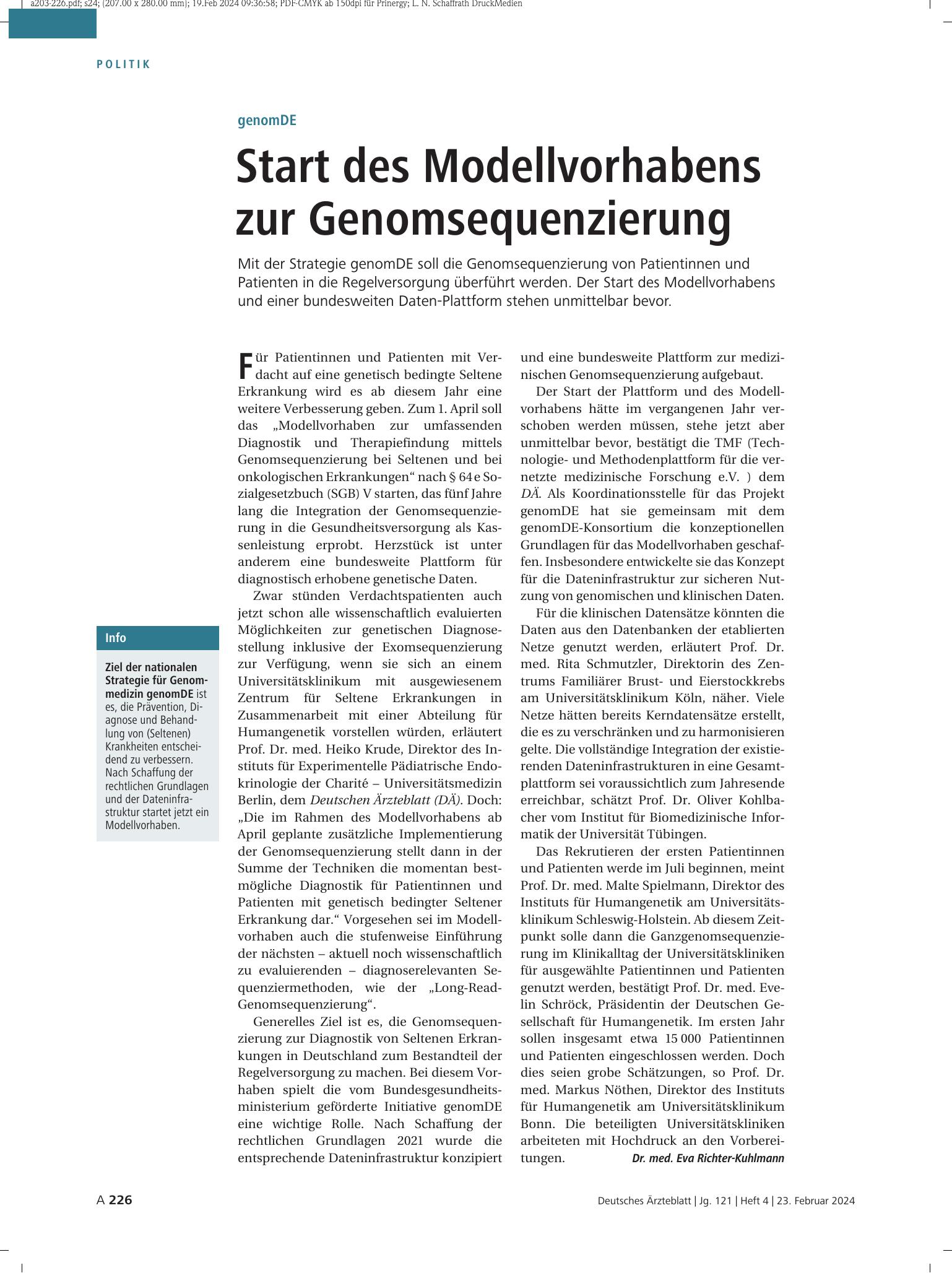 Vorschauseite 1: genomDE: Start des Modellvorhabens zur Genomsequenzierung – Deutsches Ärzteblatt