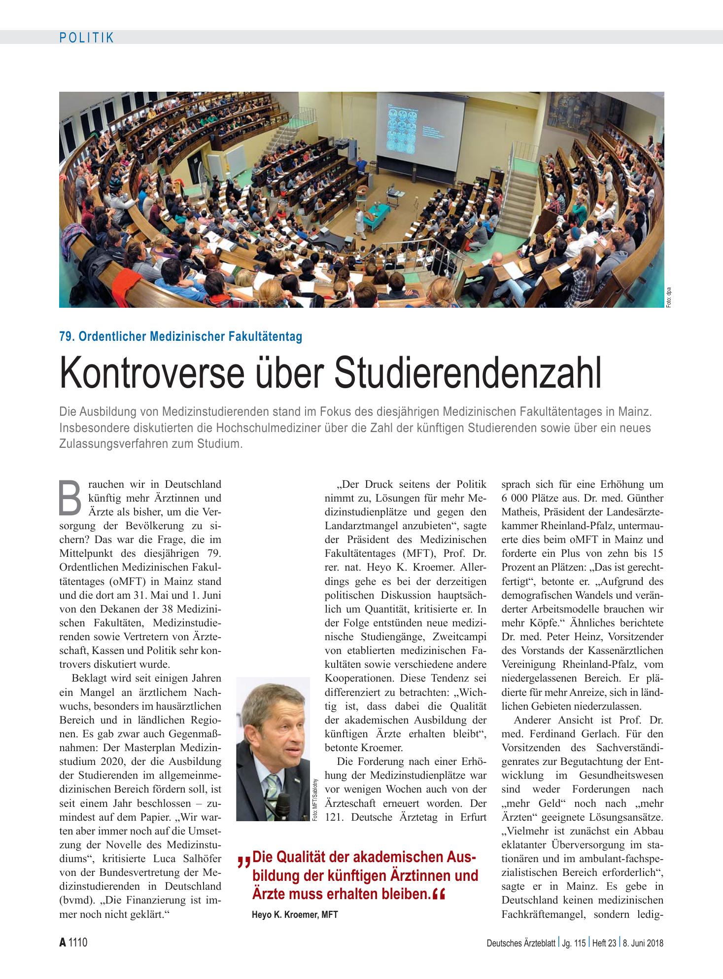 Vorschauseite 1: 79. Ordentlicher Medizinischer Fakultätentag: Kontroverse über Studierendenzahl – Deutsches Ärzteblatt