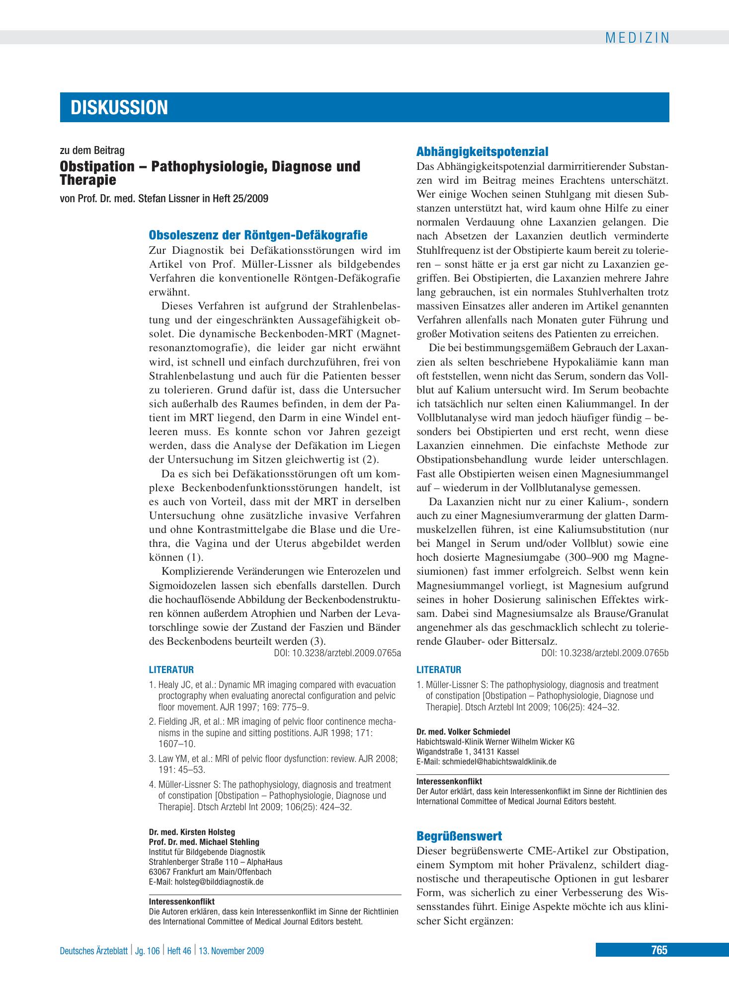 Vorschauseite 1: Obstipation – Pathophysiologie, Diagnose und Therapie: Abhängigkeitspotenzial – Deutsches Ärzteblatt