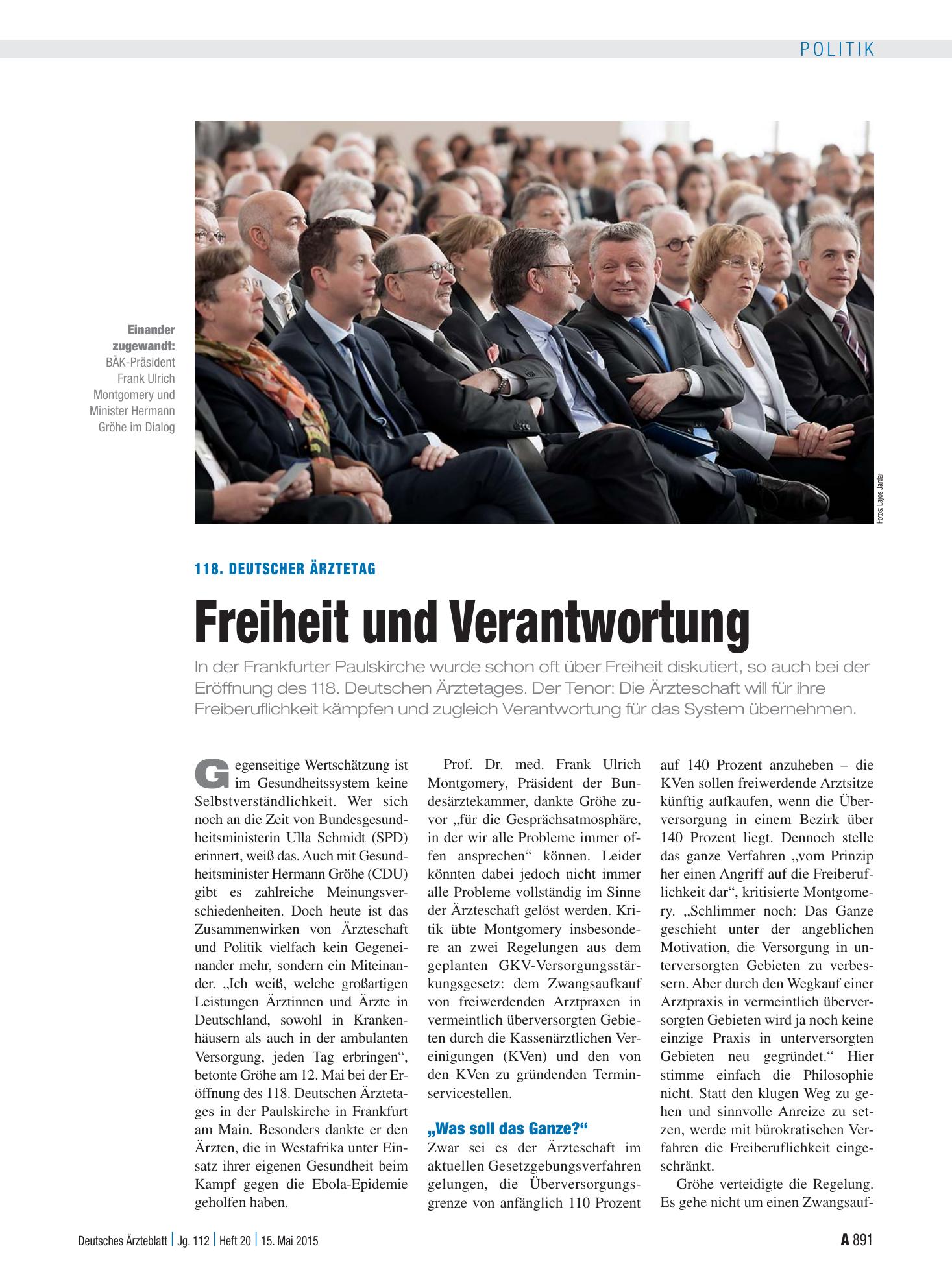 Vorschauseite 1: 118. Deutscher Ärztetag: Freiheit und Verantwortung – Deutsches Ärzteblatt