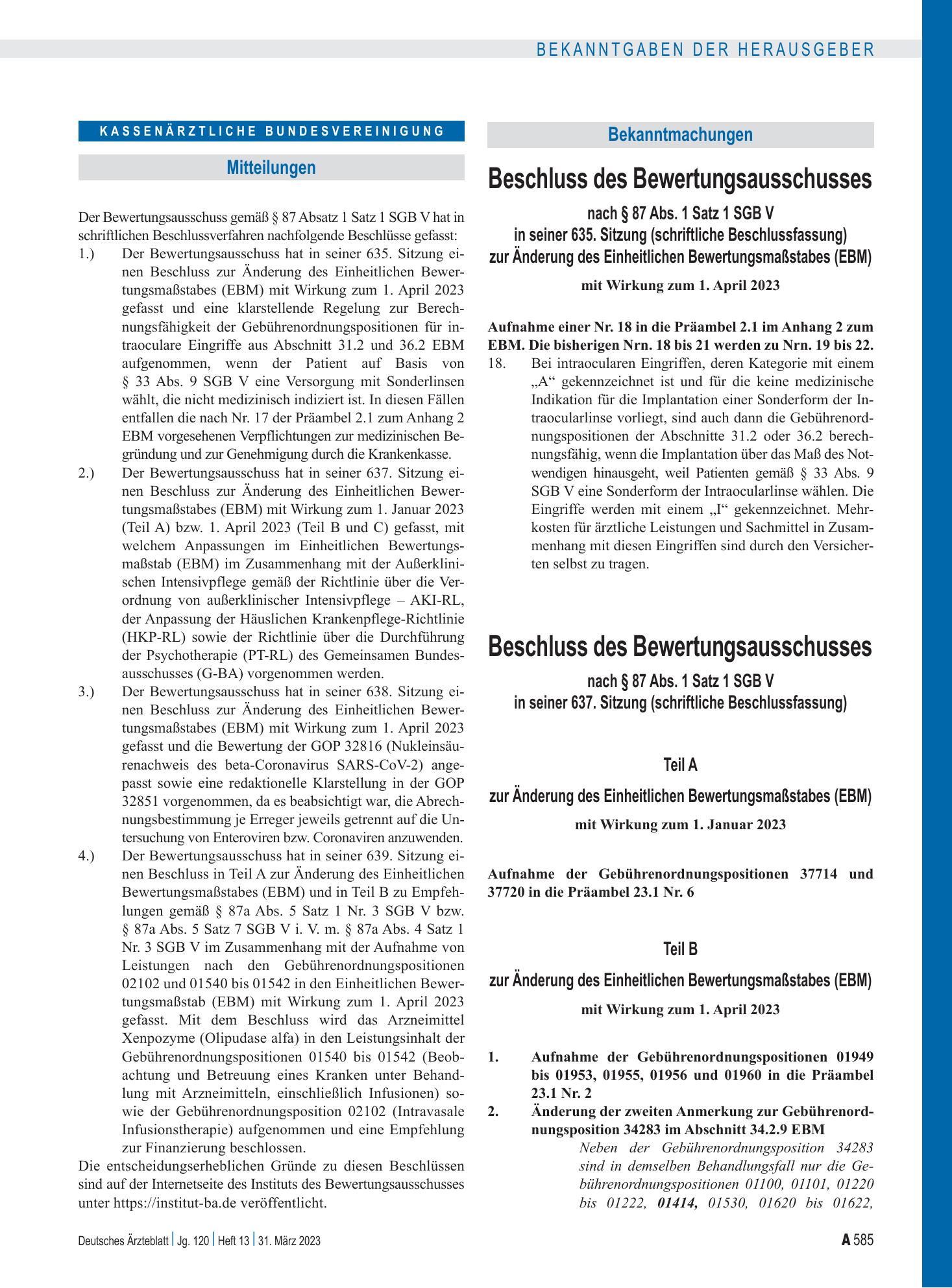 Vorschauseite 1: Beschluss des Bewertungsausschusses nach § 87 Abs. 1 Satz 1 SGB V in seiner 635. Sitzung (schriftliche Beschlussfassung) zur Änderung des Einheitlichen Bewertungsmaßstabes (EBM) T…