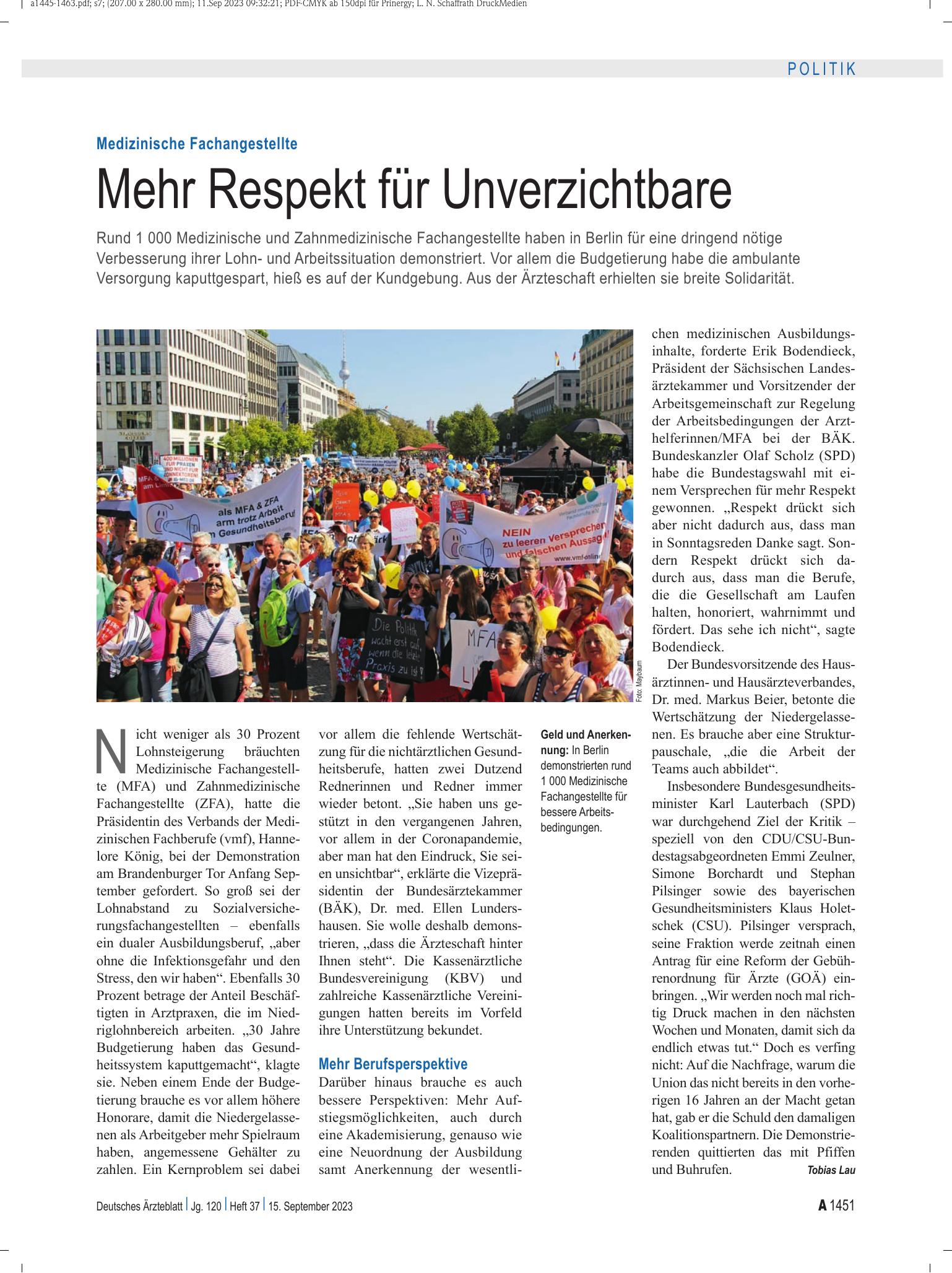 Vorschauseite 1: Medizinische Fachangestellte: Mehr Respekt für Unverzichtbare – Deutsches Ärzteblatt