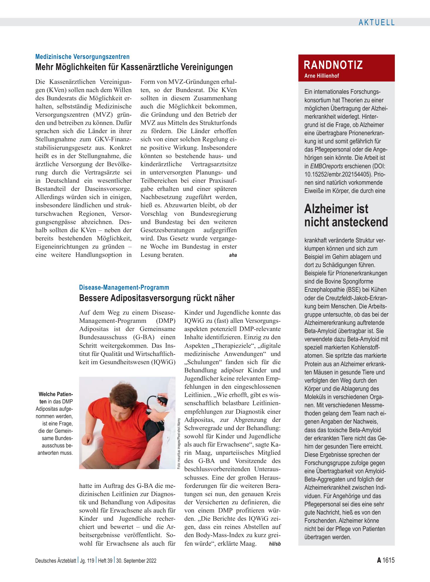 Vorschauseite 1: Disease-Management-Programm: Bessere Adipositasversorgung rückt näher – Deutsches Ärzteblatt