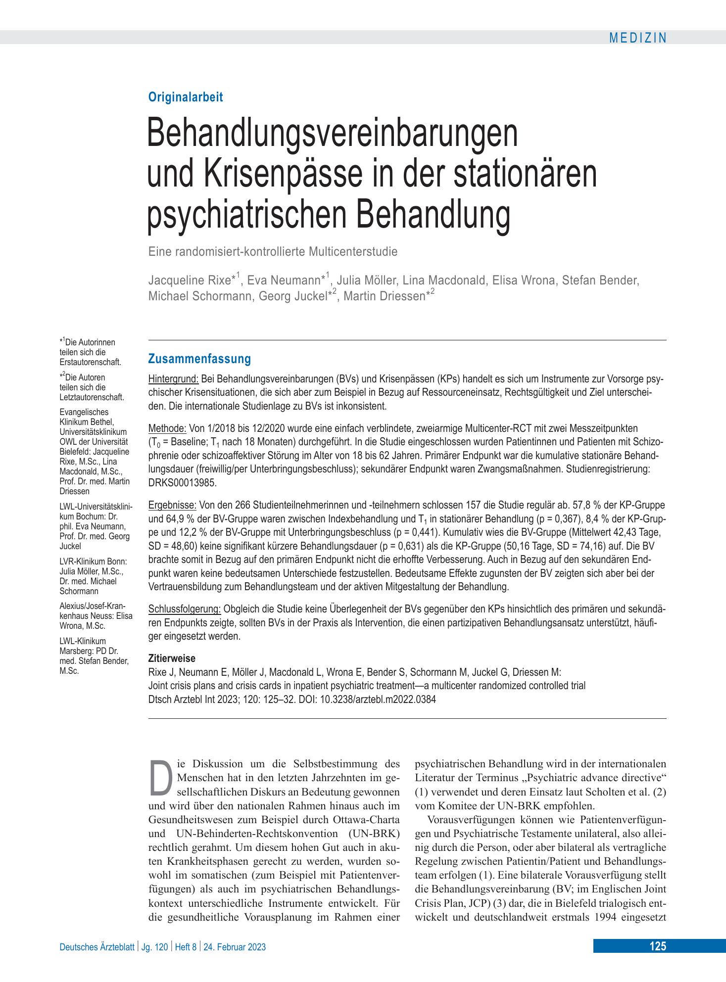 Vorschauseite 1: Behandlungsvereinbarungen und Krisenpässe in der stationären psychiatrischen Behandlung – Deutsches Ärzteblatt