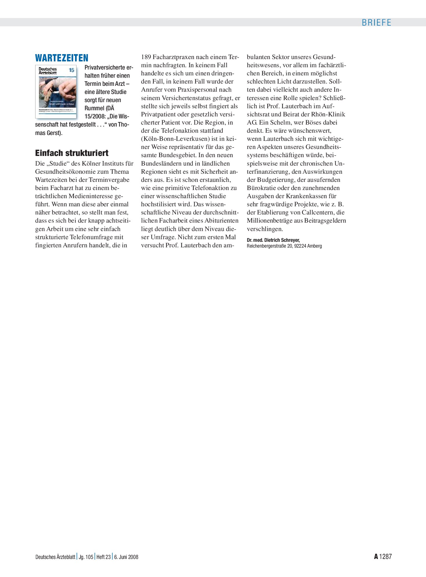 Vorschauseite 1: Wartezeiten: Einfach strukturiert – Deutsches Ärzteblatt