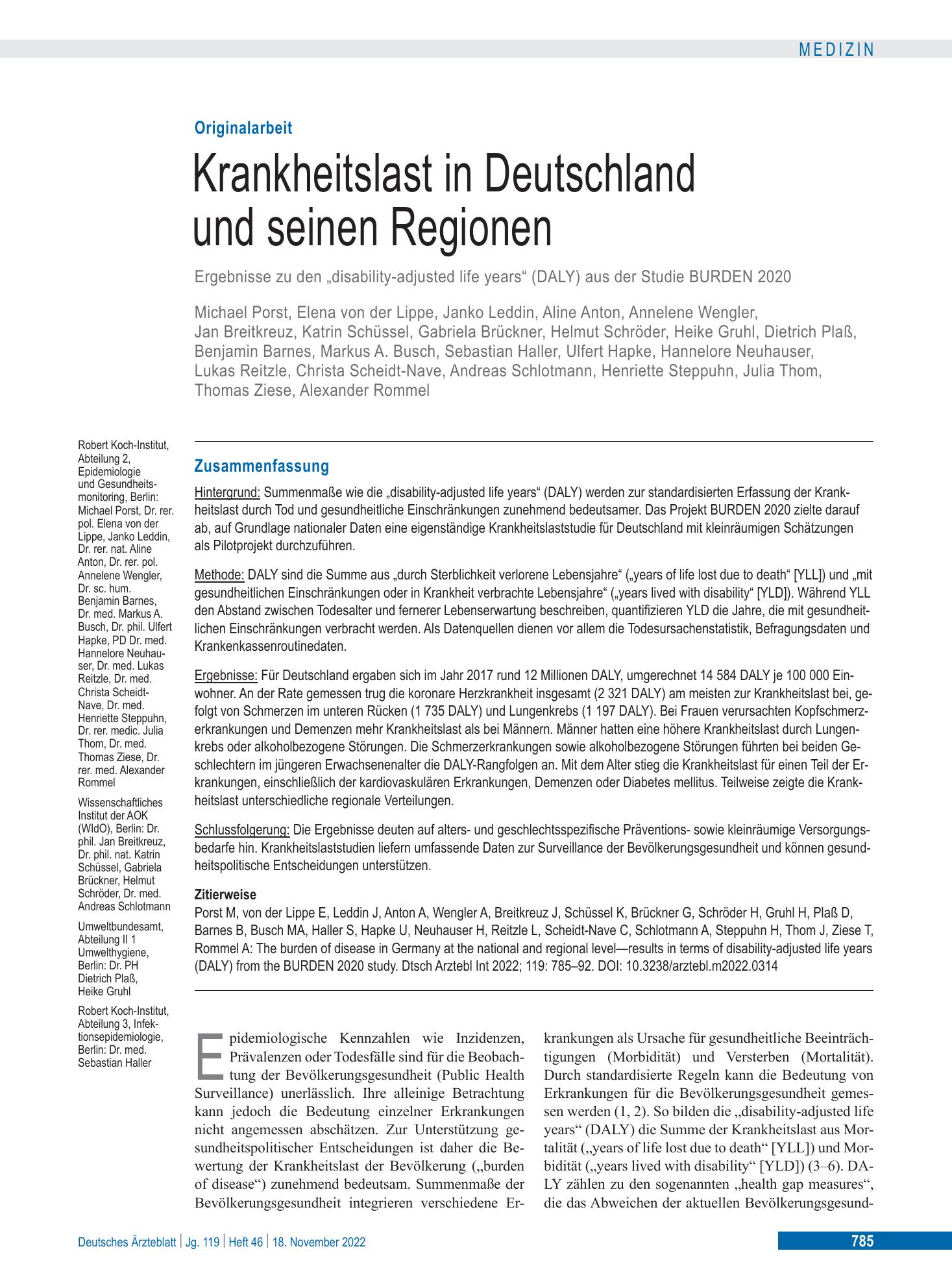 Vorschauseite 1: Krankheitslast in Deutschland und seinen Regionen – Deutsches Ärzteblatt