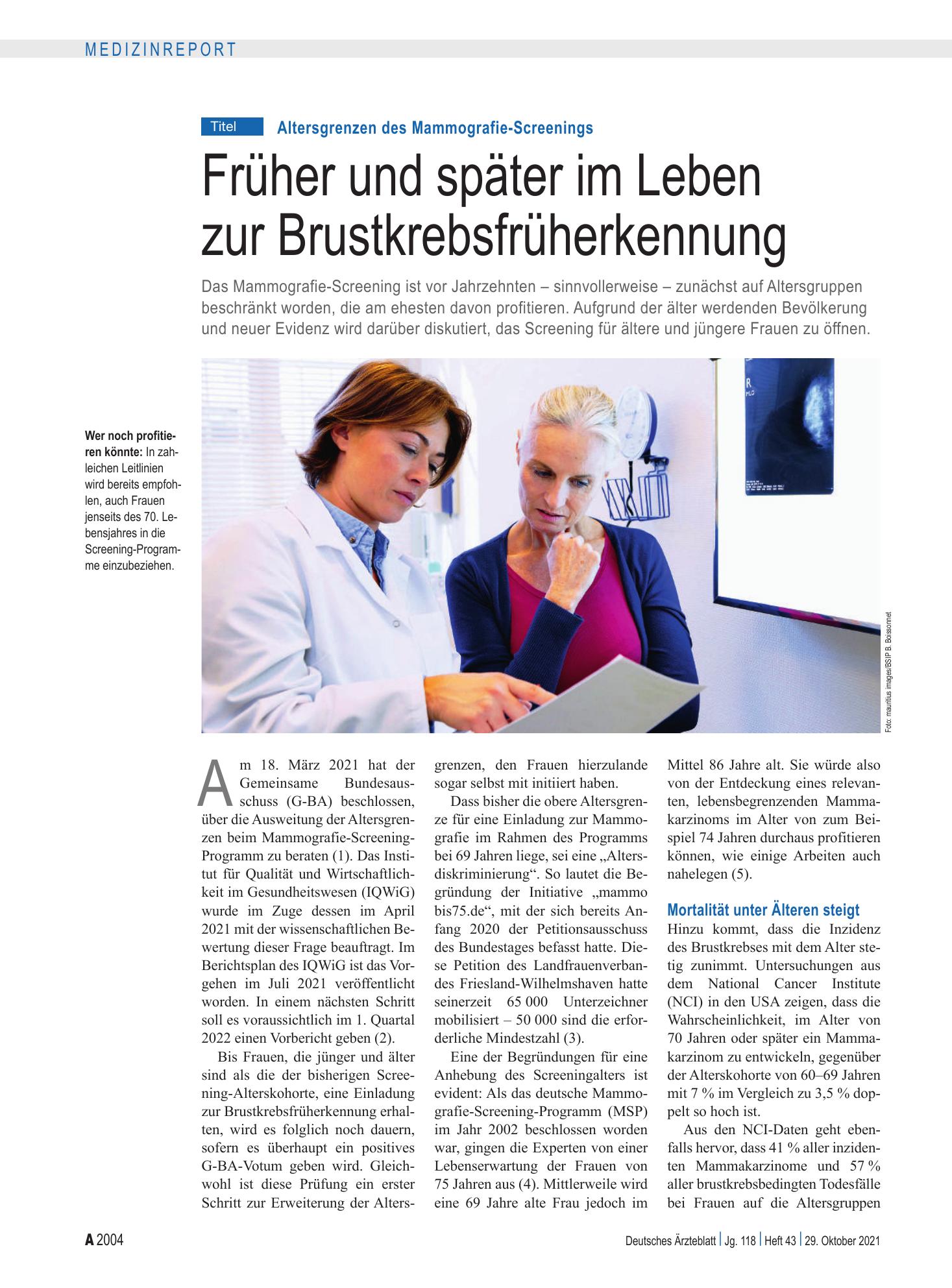 Vorschauseite 1: Altersgrenzen des Mammografie-Screenings: Früher und später im Leben zur Brustkrebsfrüherkennung – Deutsches Ärzteblatt