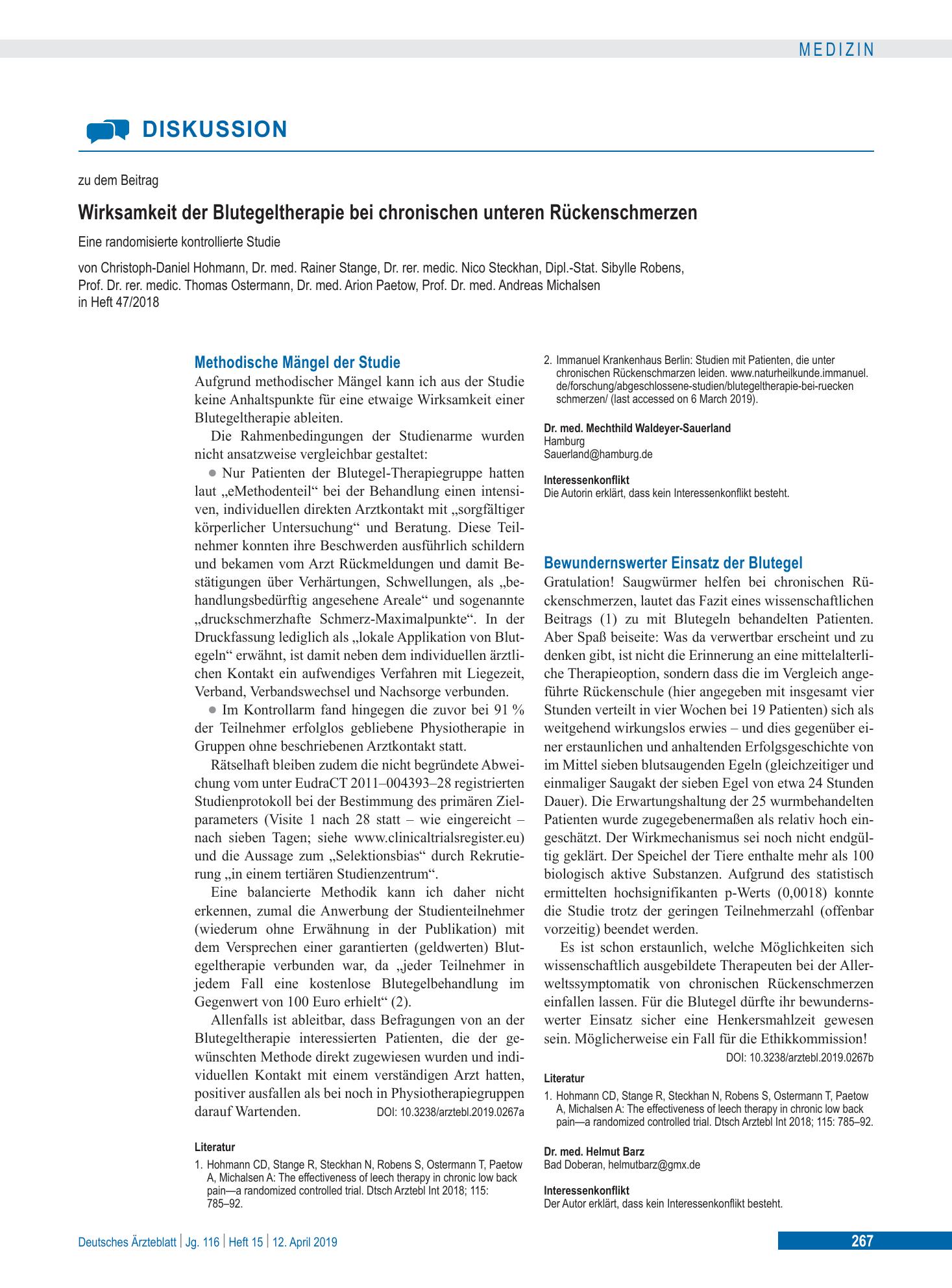 Vorschauseite 1: Bewundernswerter Einsatz der Blutegel – Deutsches Ärzteblatt