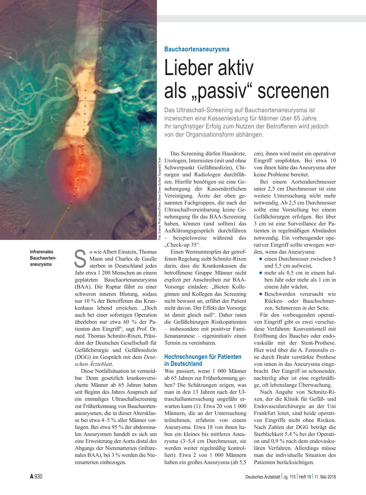 Vorschauseite 1: Bauchaortenaneurysma: Lieber aktiv als „passiv“ screenen – Deutsches Ärzteblatt
