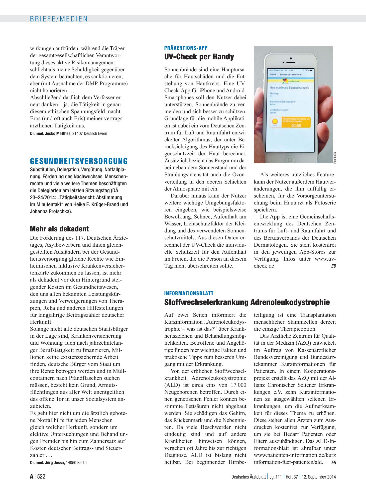 Vorschauseite 1: Präventions-App: UV-Check per Handy – Deutsches Ärzteblatt
